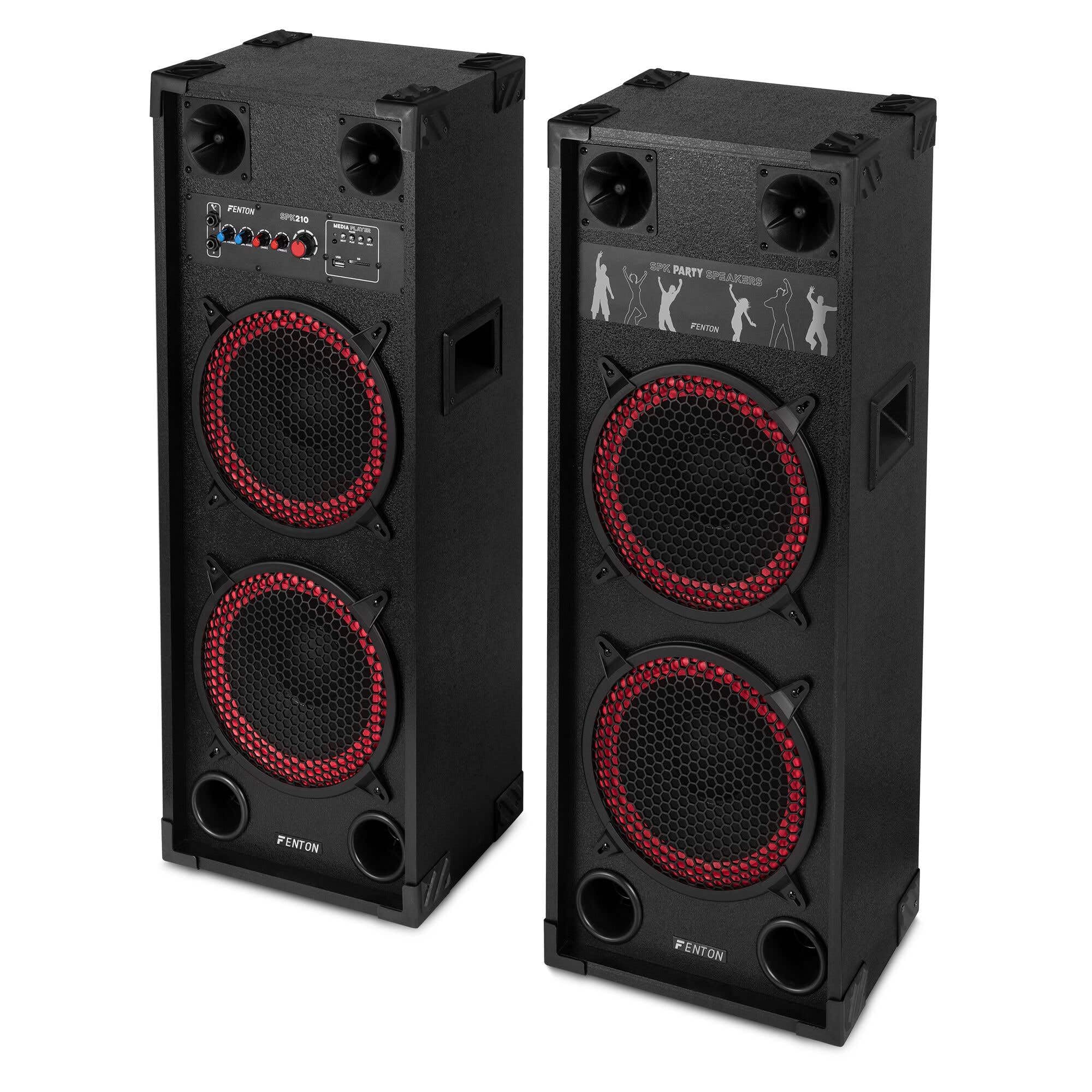 Fenton SPK210 – Altoparlanti attivi PA doppio woofer da 10 pollici Bluetooth MP3 USB SD due ingressi micro eco regolabile suono potente per feste karaoke altoparlanti portatili con amplificatore