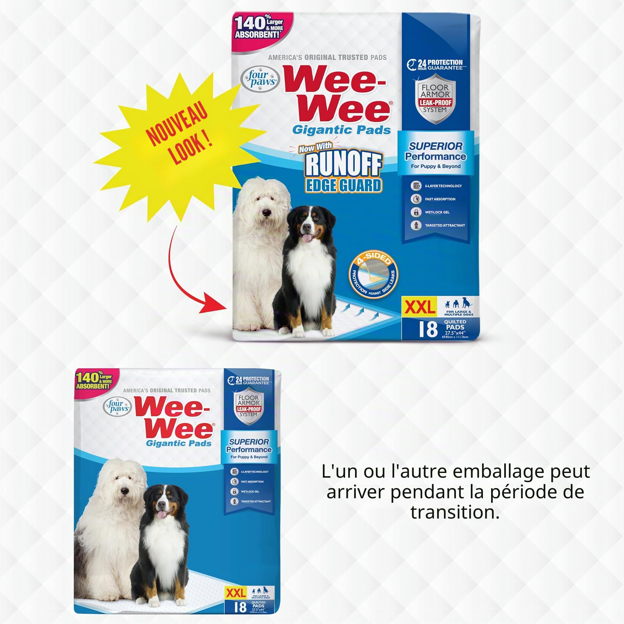 Four Paws Wee-Wee Lot de 18 tapis hygiéniques de performance supérieure pour chiens et chiots, avec technologie anti-fuite à 6 couches, pour entraînement à la maison, gigantesque, 69,85 cm x 111,76 cm