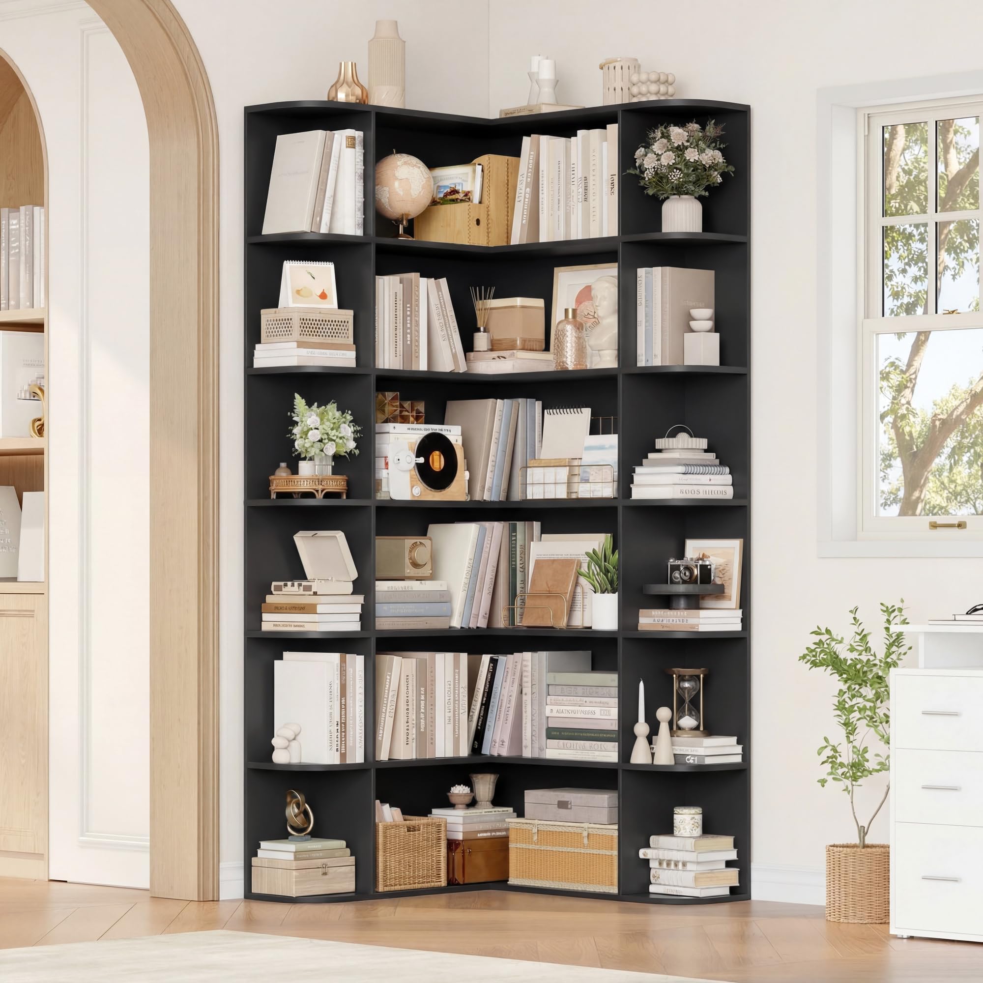 FirFurd 185 cm Eckregal Bücherregal Ecke Eckschrank mit 6 Ebenen schwarz | Eckbücherregal stehend, Bücherschrank L-förmig, Eckvitrine für Arbeitszimmer, Wohnzimmer, Bibliotheken, 80 x 84 x 185 cm
