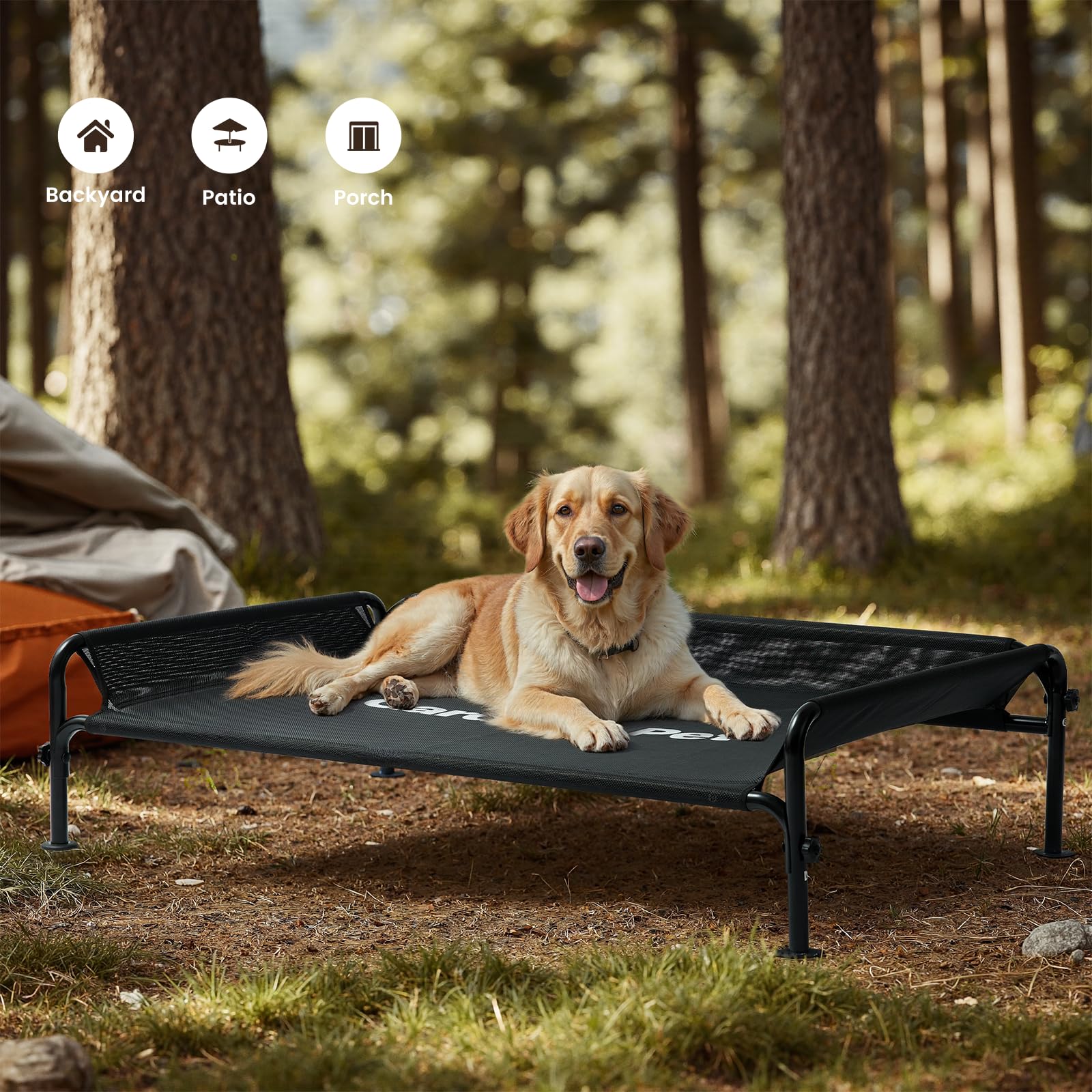 Gardner Pet Letto Rialzato per Cani Taglia Grande e Media, Brandina Traspirante da Esterno e Interno, Cuccia Estiva Resistente ai Graffi per Cani, Struttura in Metallo Robusta-(Nero, L)