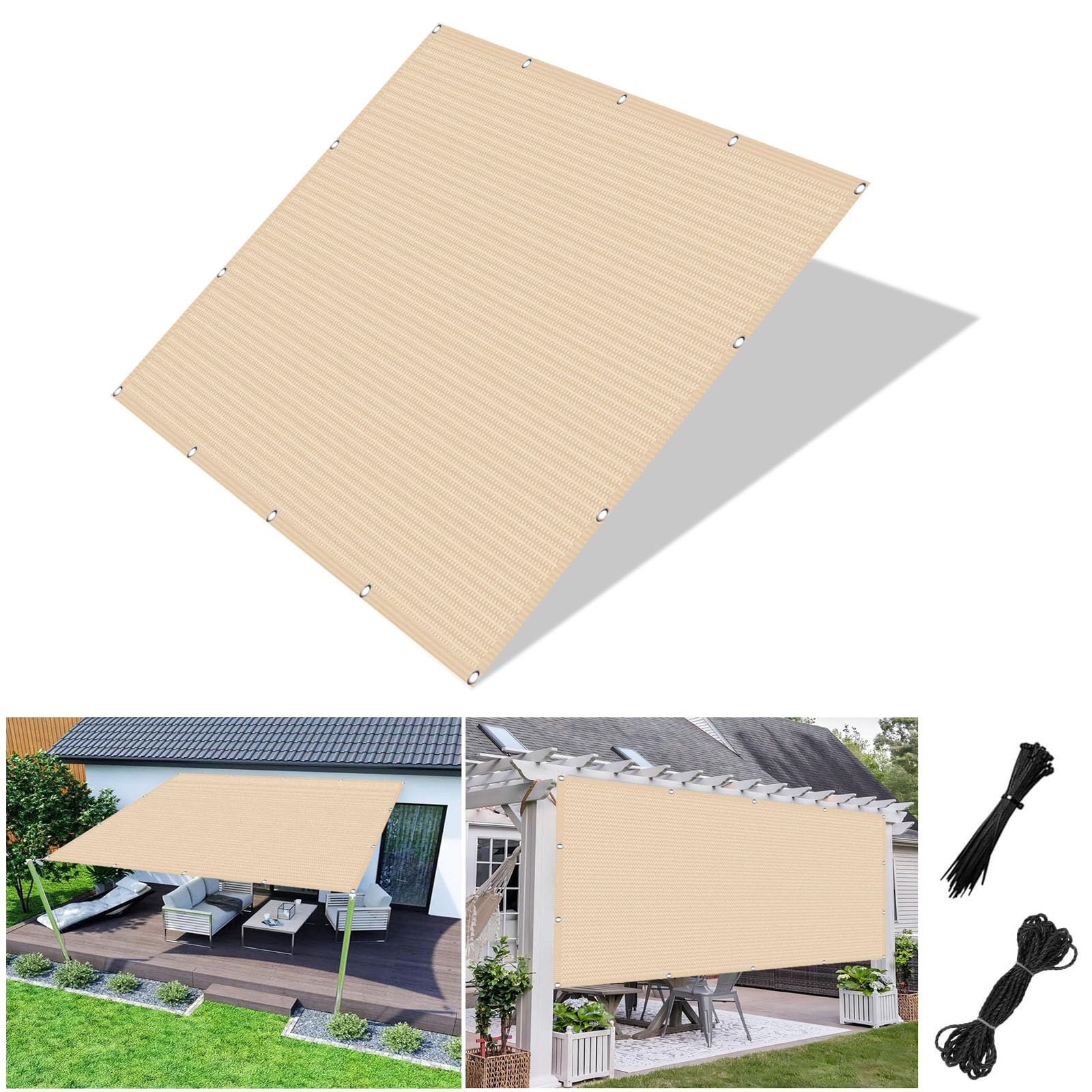 Toile ombrage exterieur respirante 3.4 x 5.2 m avec serre-câbles crème