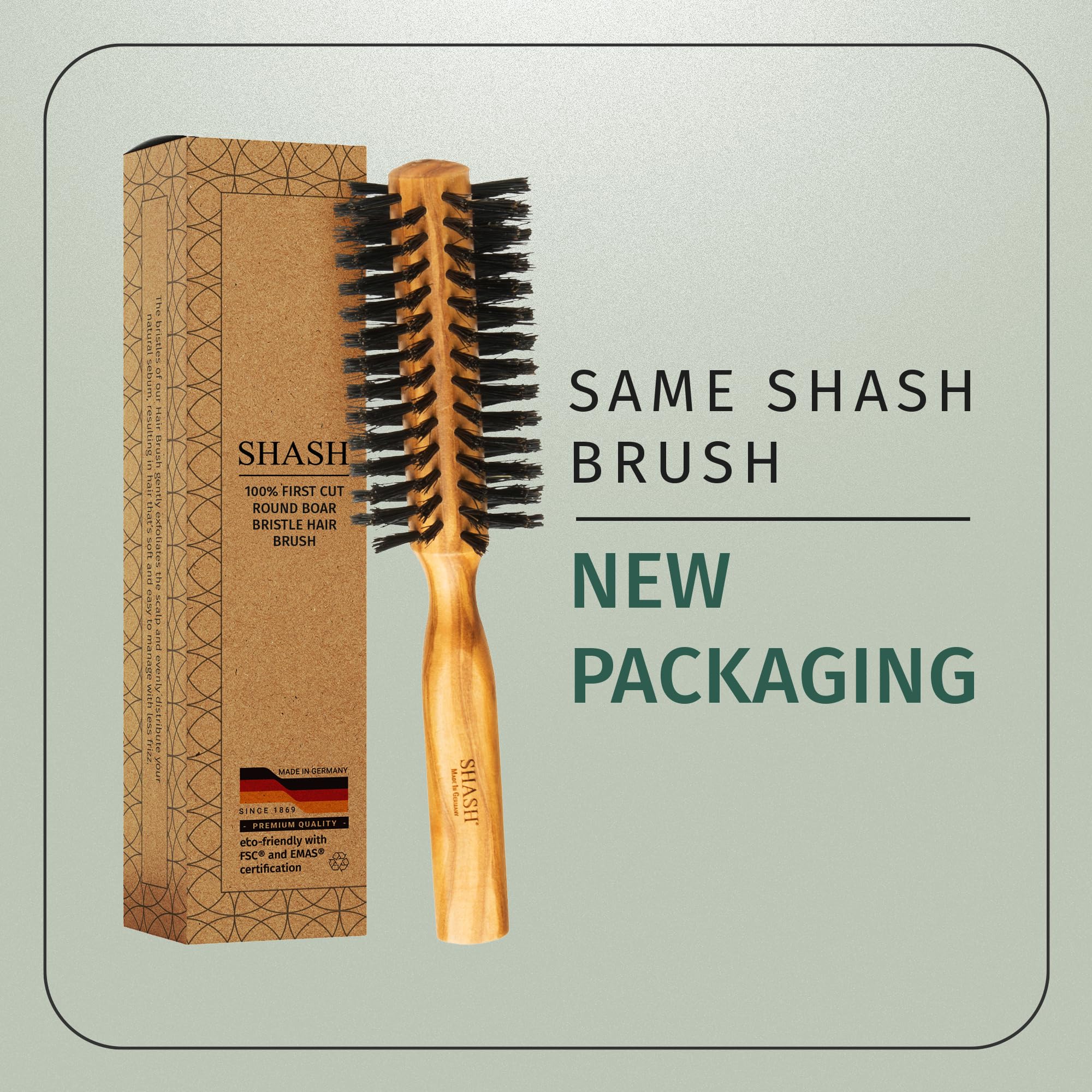 SHASH 1869 Cepillo Redondo con Cerdas de Pelo de Jabalí | Agrega Volumen y Movimiento, Cabello más Suave y Sedoso, Exfolia Cuero Cabelludo - Madera de Olivo
