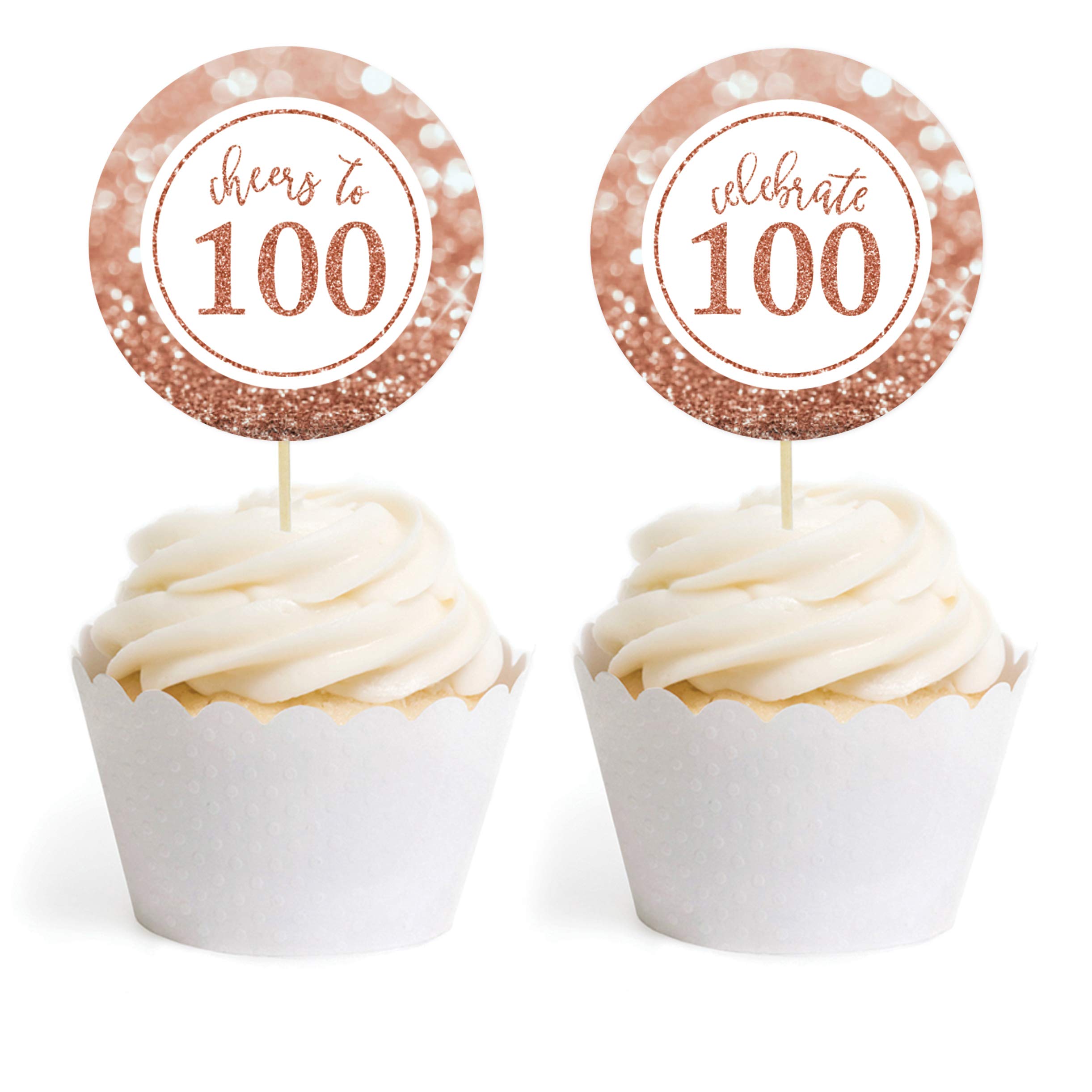 Andaz Press Glitzy Faux Rose Gold Glitter Round DIY Cupcake Toppers, Cheers to 100 Years, 100th Birthday or Anniversary, 20-Pack, Cake Dessert Party Decor