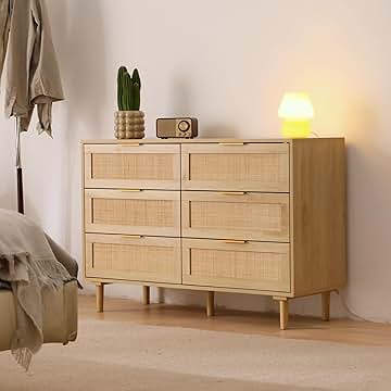Rattan Dresser for Bedroom, Modern 6 Drawer Double Dresser with Gold Handles, Wood Storage Chest of Drawers fo Bedroom,Living Room,Hallway (Natural)