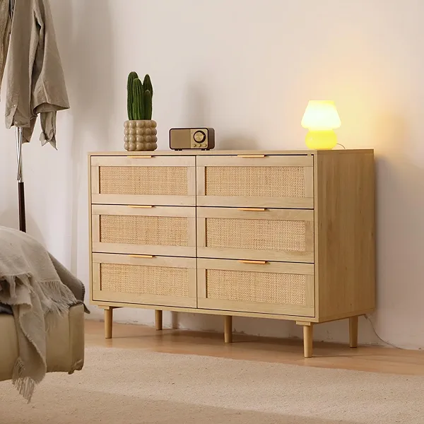 FUQARHY Rattan Dresser for Bedroom, Modern 6 Drawer Double Dresser with Gold Handles, Wood Storage Chest of Drawers fo Bedroom,Living Room,Hallway (Natural)