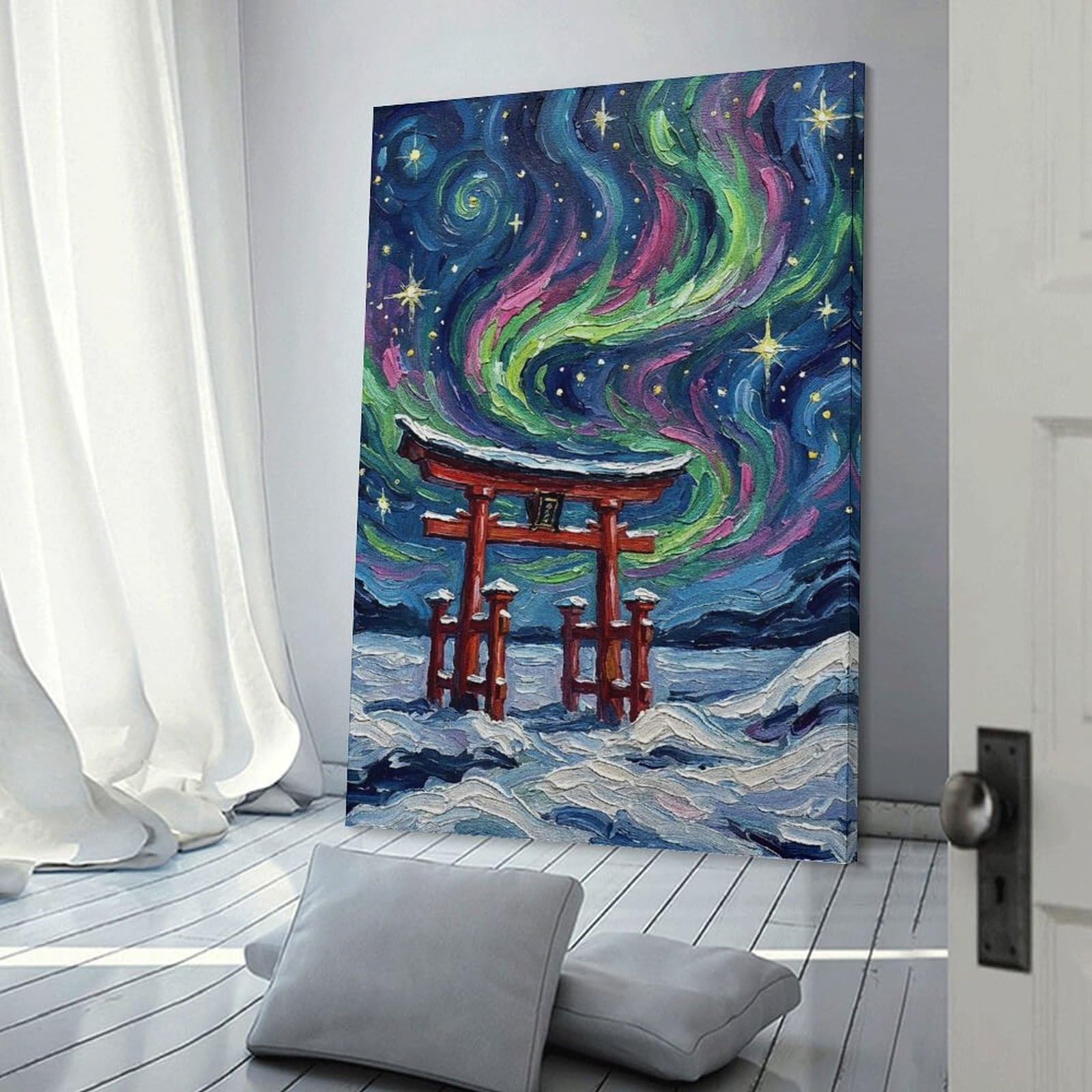 Junmoney Torii Gate Under Aurora Borealis Painting Wall Picture Print, 24x36inch(60x90cm), for Art Walls, Layered Displays Or Homes, Home Wall Art for Statement Displays