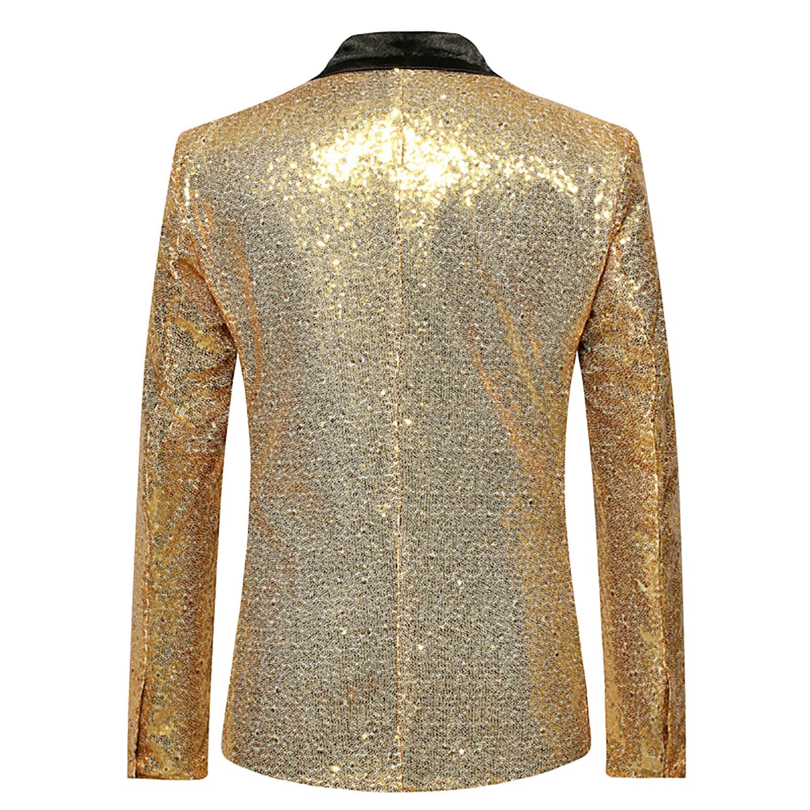 Veste à paillettes pour homme - Doré à paillettes - Coupe ajustée - Manteau de mariage - Manteau à manches longues - Costume de performance pour mariage et fête - Vêtements de smoking