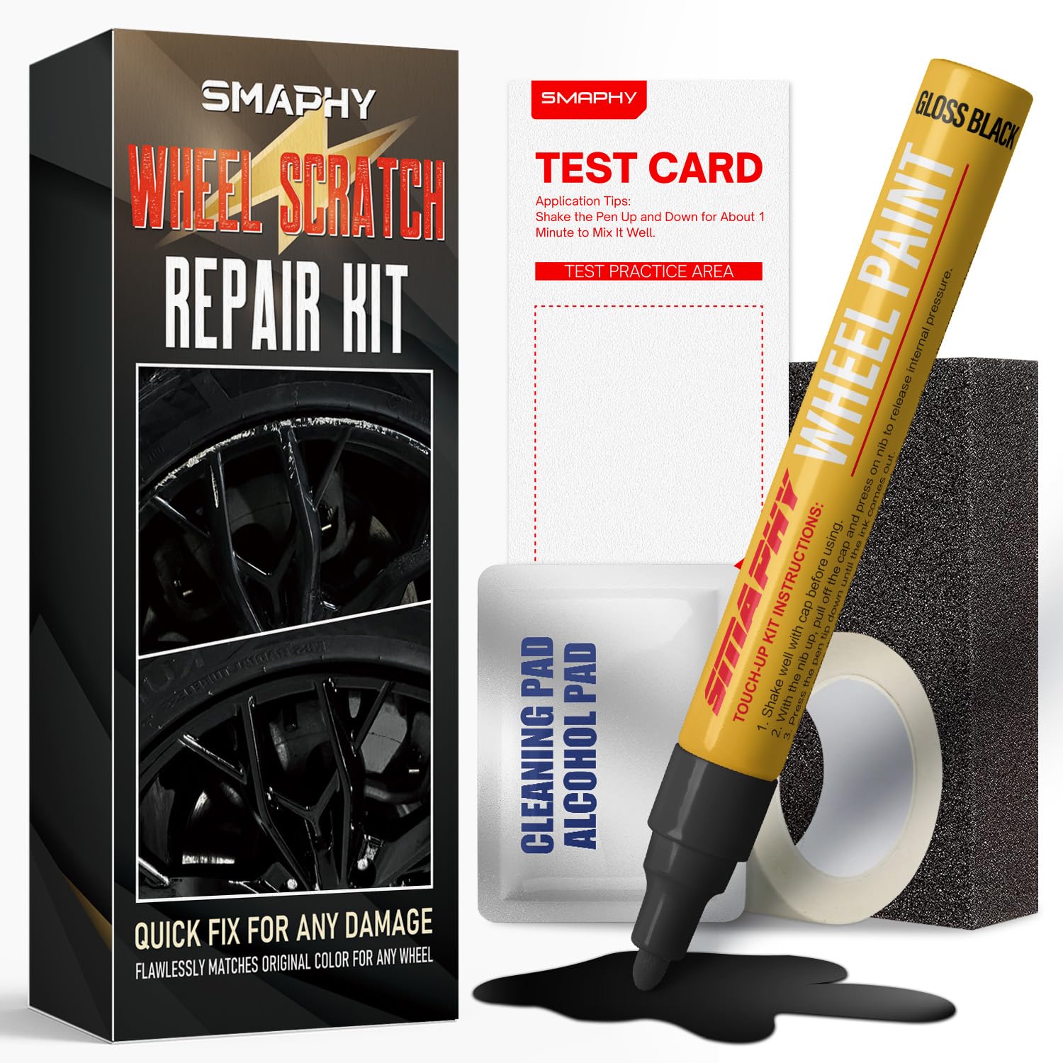 SMAPHY Wheel Scratch Repair Kit, Wheel Repair Kit Curb Rash Wheel Paint Rim Paint Pen for Wheel Repair, Universal Color Black Wheel Paint(Gloss Black）