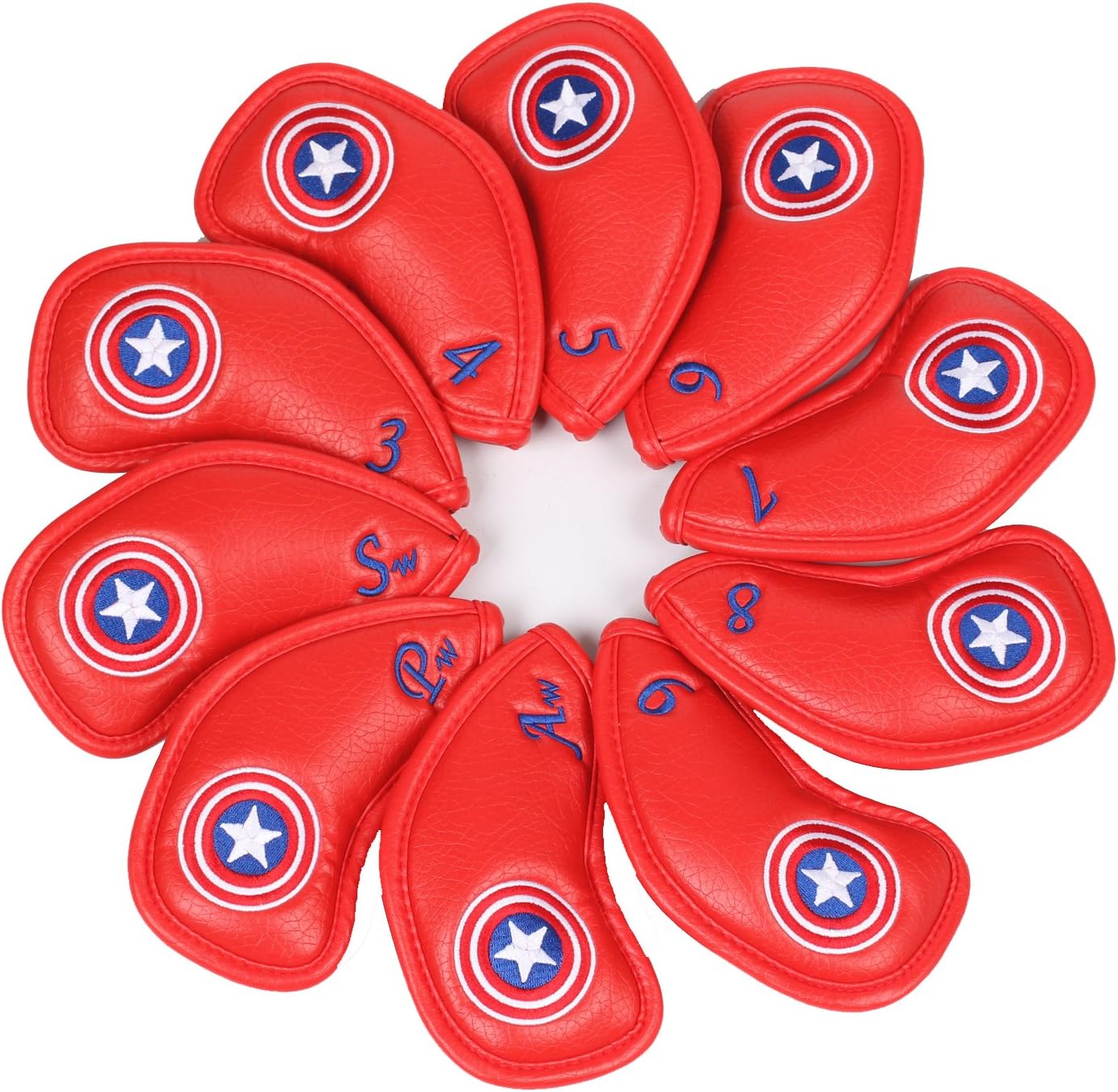 Volf Golf 10pcs Captain America Style Thick Synthetic Leather Golf Iron Head Covers Set Headcover Fit Most Golf Brands Irons Heads