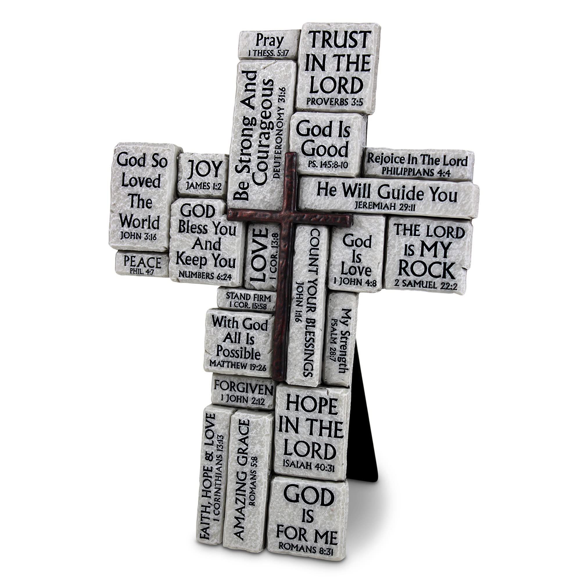 Lighthouse Christian Products Encouraging Verses Grey Stacked Stones Resin Easel Cross