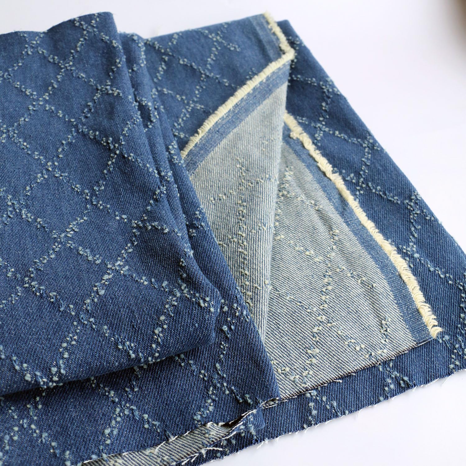 12oz Sky Blue Washed Denim Fabric, Non-Stretch Denim Material, Jacquard Geometric Check Prism Pattern, 420gsm 100% Cotton, 70 Inches Wide, Sewing Fabric for Jeans Jackets Cr (Cut by The Yard)