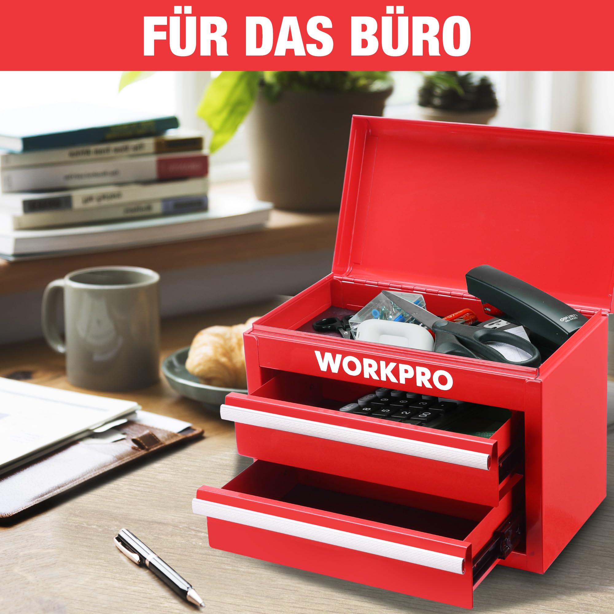 WORKPRO Metall Schubladenbox 2 Schubladen, Rot, Tisch Organizer | Mit oberem Stauraum, ideal für Büro, Schreibtisch und Umkleide, zur übersichtlichen Aufbewahrung von Kleinteilen
