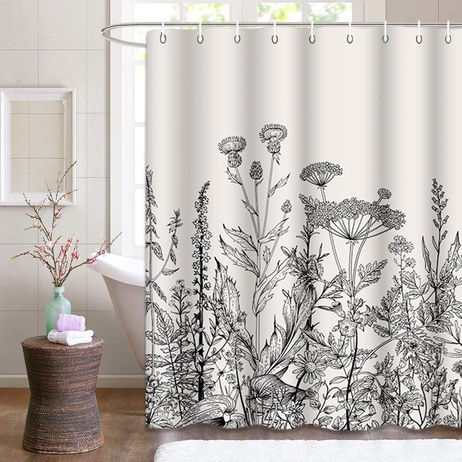 Emvency Shower Curtain Floral Border Herbs and Wild Flowers Botanical Vintage Engraving Light Grey Background Black Waterproof Polyester Fabric 60 x 72 Inches Set with Hooks
