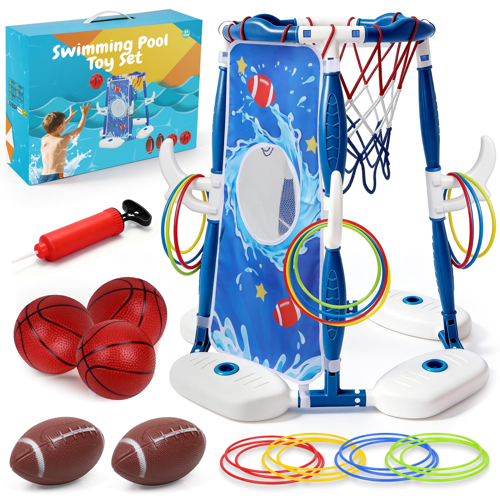 3-in-1 Schwimmender Pool Basketball Hoop Spielzeug Set mit Wasserfußball & Ringwurfspiel - Enthält 3 Basketbälle, 2 Fußbälle & 12 Ringe - Ultimatives Poolspielzeug Geschenk Kinder & Erwachsene