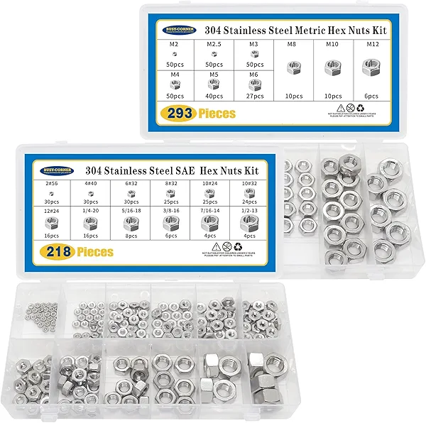 511 PCS SAE and Metric Stainless Steel Hex Nut Assortment Kit,2#56 4#40 6#32 8#32 10#24 10#32 12#24 1/4-20 5/16-18 3/8-16 7/16-14 1/2-13 M2 M2.5 M3 M4 M5 M6 M8 M10 M12(SAE&Metric)