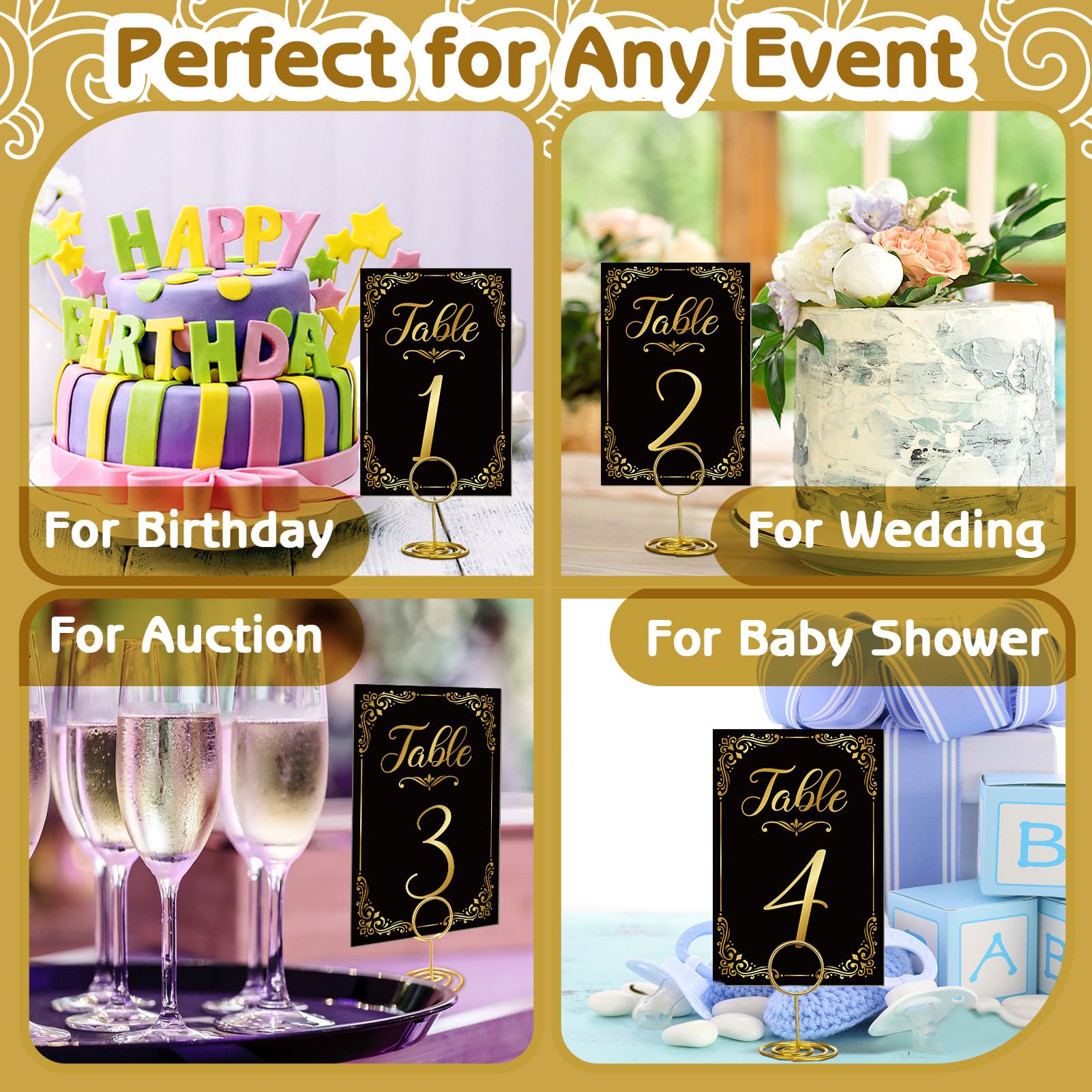50 juegos de números de mesa de boda con soportes para números de mesa y letrero de mesa reservado, tarjetas de números de mesa dorados para recepciones de boda, aniversario, fiesta de