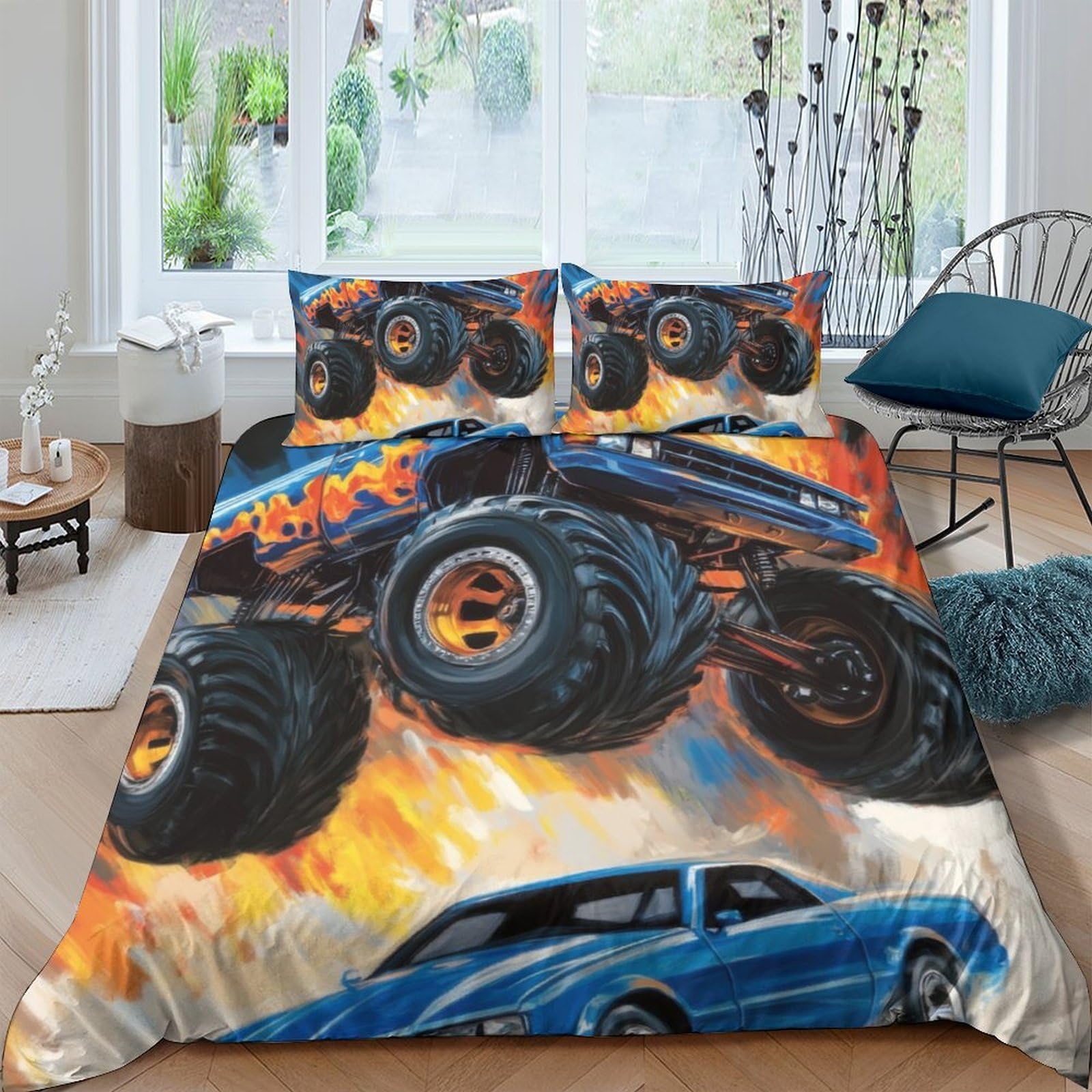 GPLZQXKJNH 3D Printed Monster Truck Duvet Cover Microfiber Soft Breathable Sports Car Bedding Set with 2 Pillowcases for Bedroom Decor Single（135x200cm）