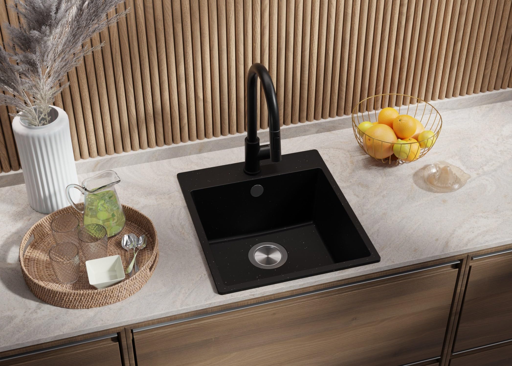 Mexen Diego Fregadero De Granito De 1 Cubeta Con Grifo De Cocina Duo, Negro   6512 77 671701 57 B 96840305