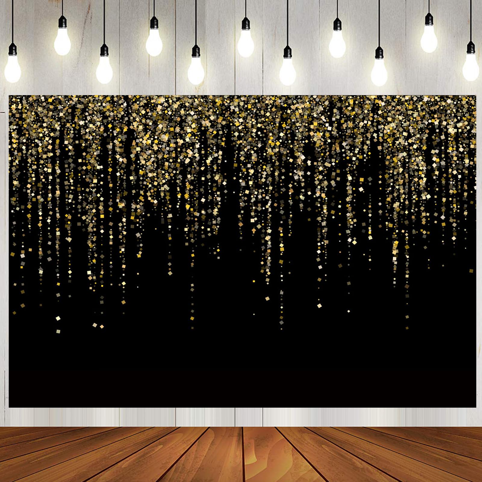 WENOHJZ Black and Gold Photography Backdrops Wedding Photo Background Glitter Happy Birthday Party Banners Fabric 71x44 inch Happy New Year