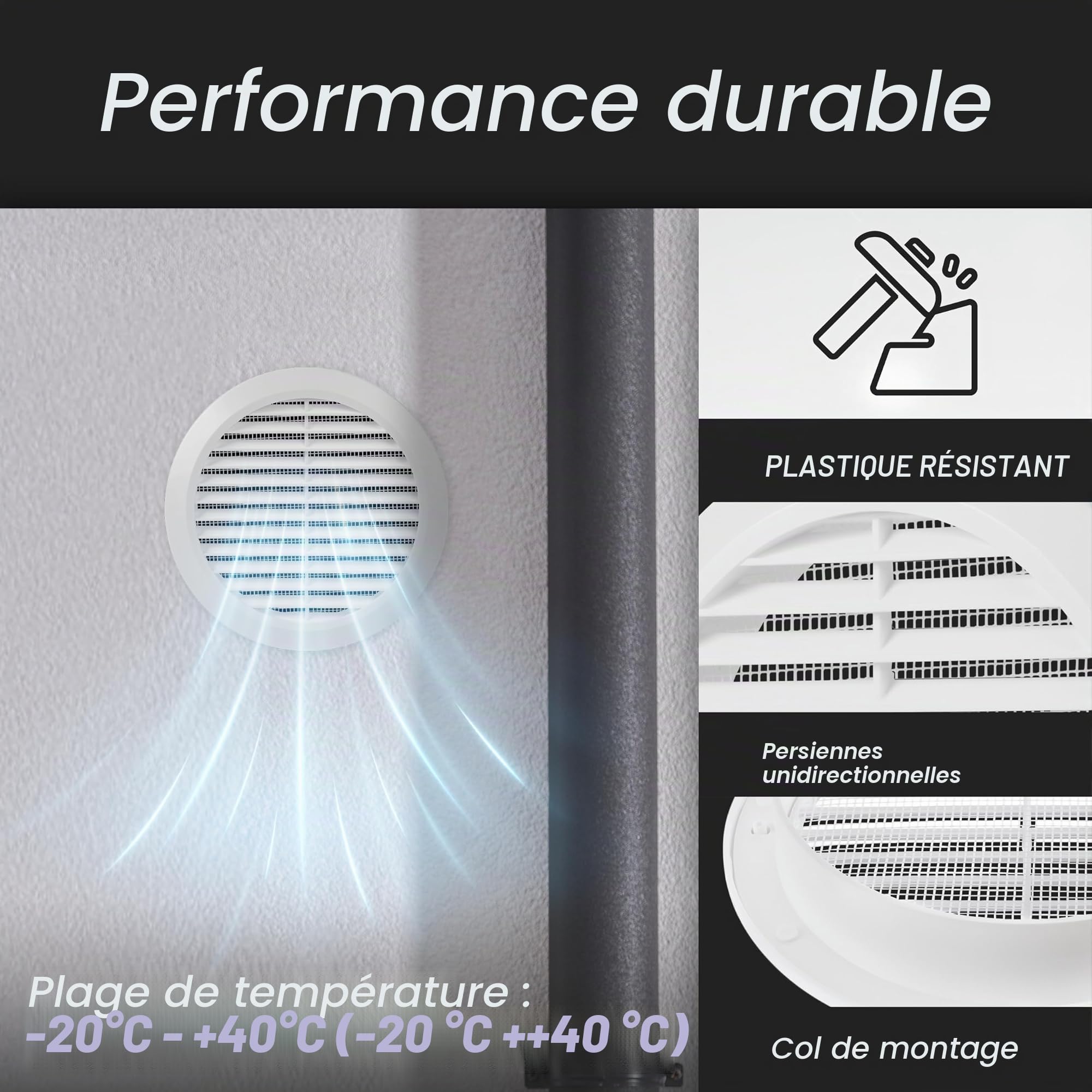 Repa Market Lot de 2 grilles d'aération blanches de 80 mm avec écran en maille – Grille d'aération en plastique – Grille d'aération à persiennes pour intérieur et extérieur – Grille d'aération CVC