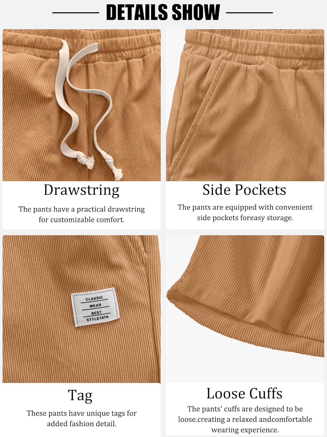PLEPAN Mens Corduroy Shorts Casual Elastic Waist Drawstring Summer Beach Shorts - Image 4