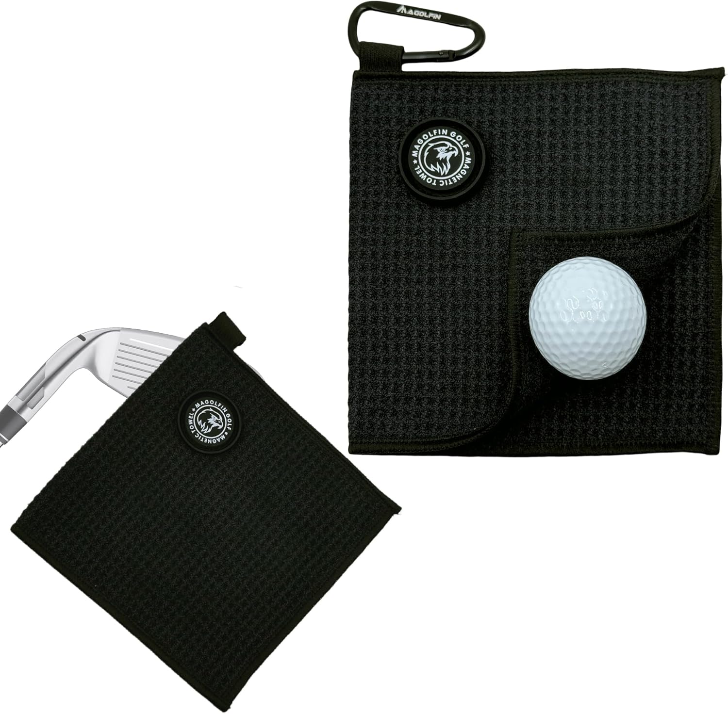 Small Magnetic Golf Towel with Clip, Microfiber Waffle Design - Industrial Strength Magnet for Glof Balls, Golf Bags, Carts Clubs - Black