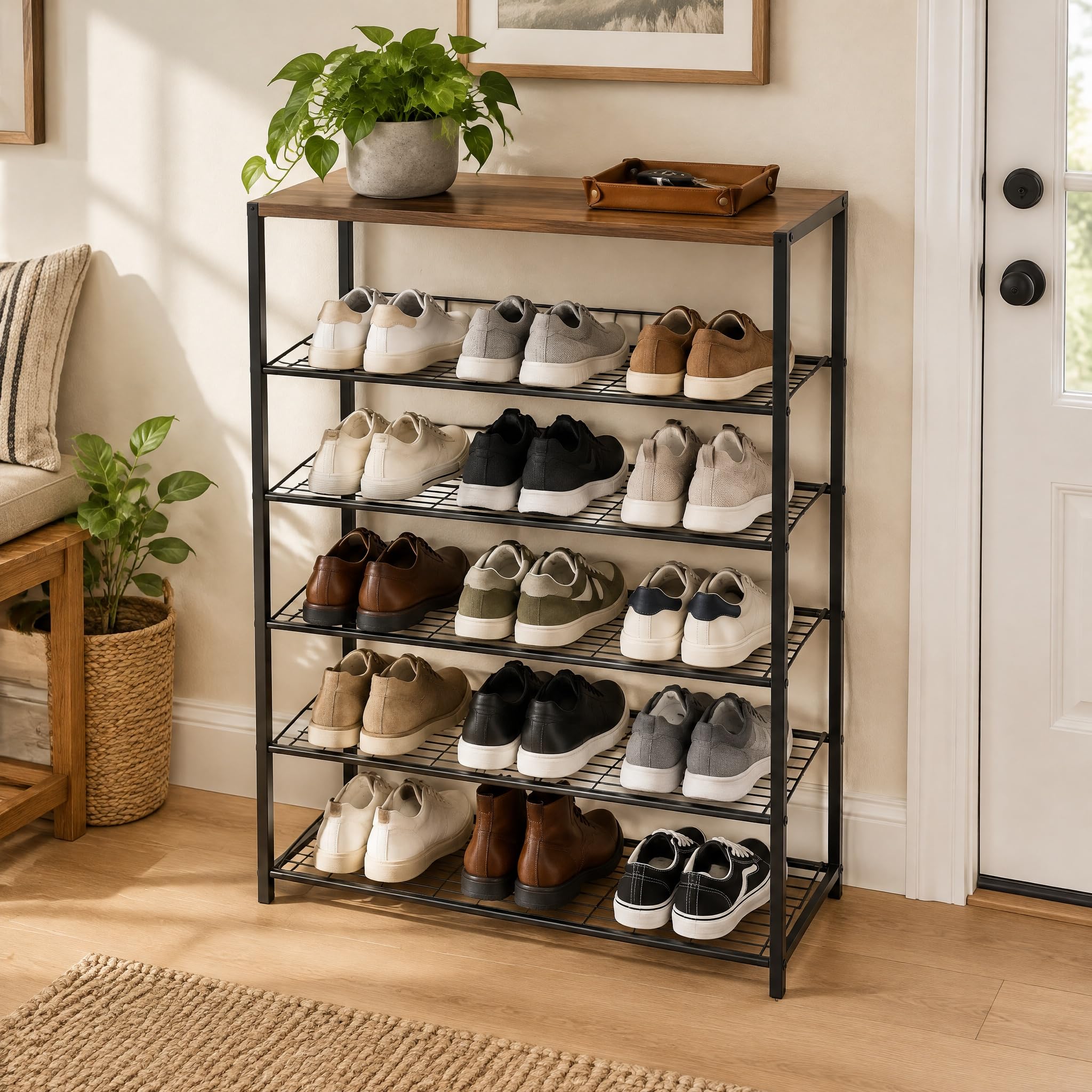 HOMEFORT 6 Tiers Shoe Rack Organizer,23" Shoe Storage Shelf for Closet, Shoe Rack for Entryway, Each Tier Fits 3 Pairs, Shoe Stand with Metal Shelves and MDF Top Board, Walnut