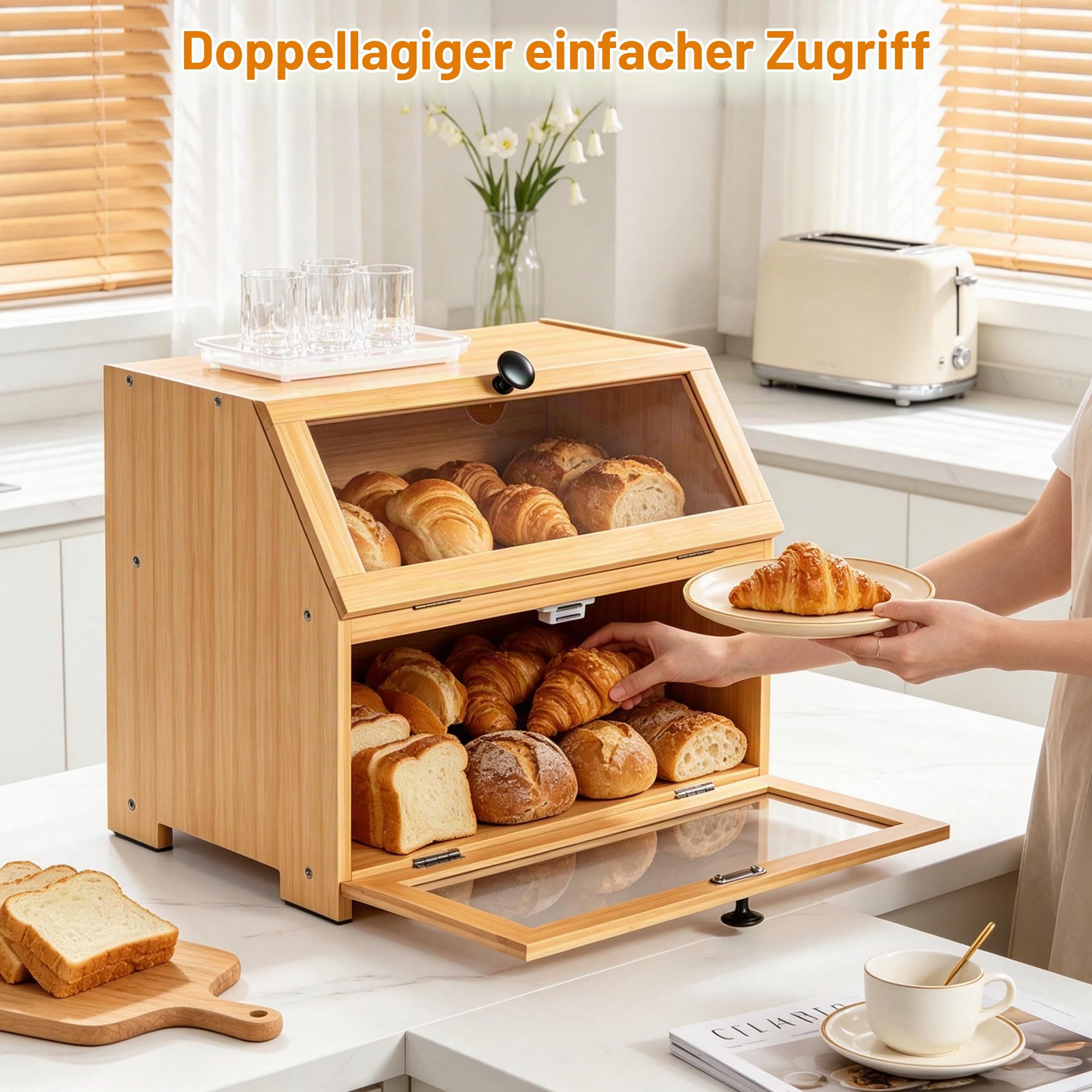 RayLove Bambus Brotkasten, Hölzerner Brotkastens, 2-Lagiger Brotbehälter, Verwendet für Die Lagerung von Brot, Selbstmontage (Naturfarbe)