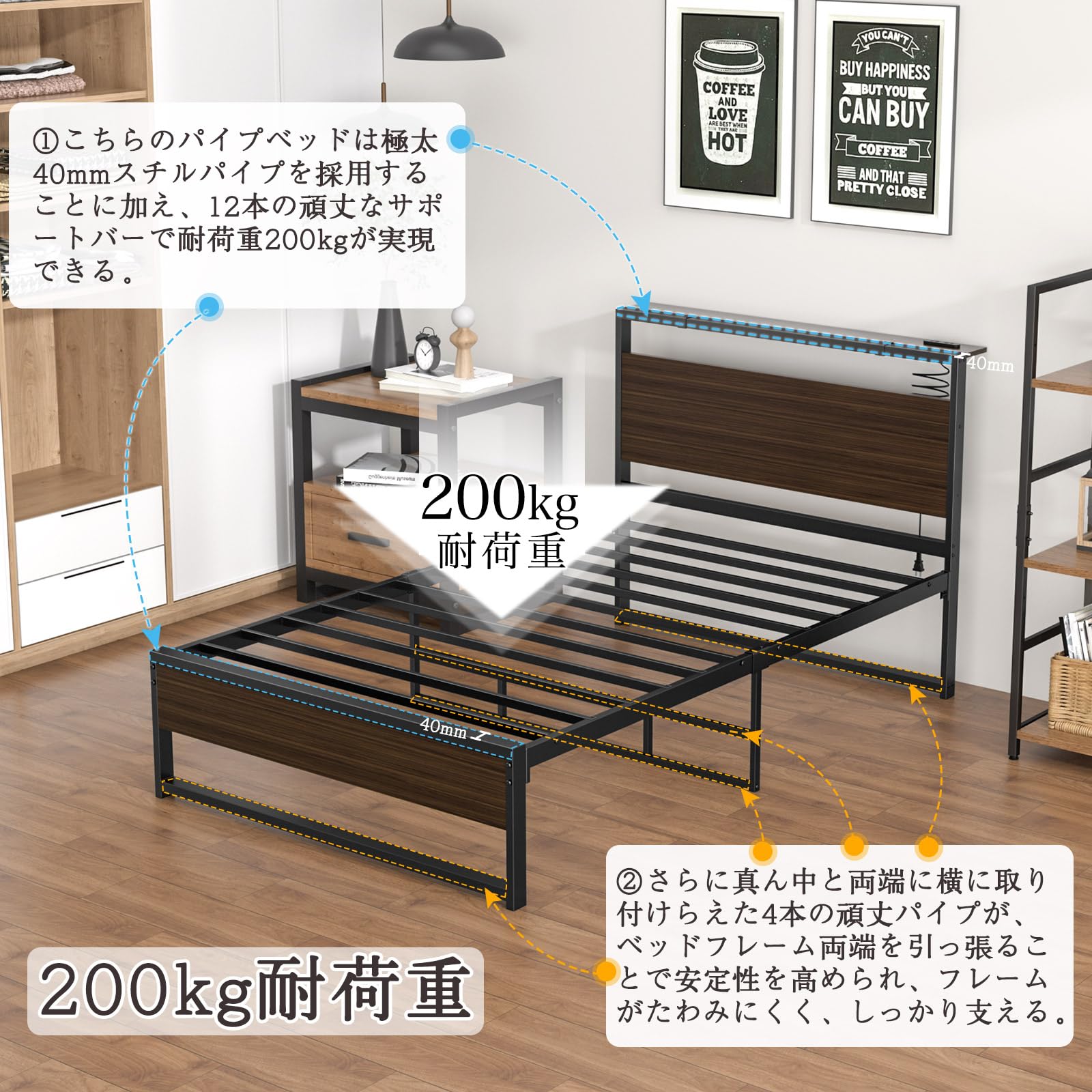 ベッドフレーム セミダブル 頑丈なスチルパイプ 耐荷重200kg つ231 Amazon｜[2025改良型&軋み音ない]Rebebe ベッドフレーム