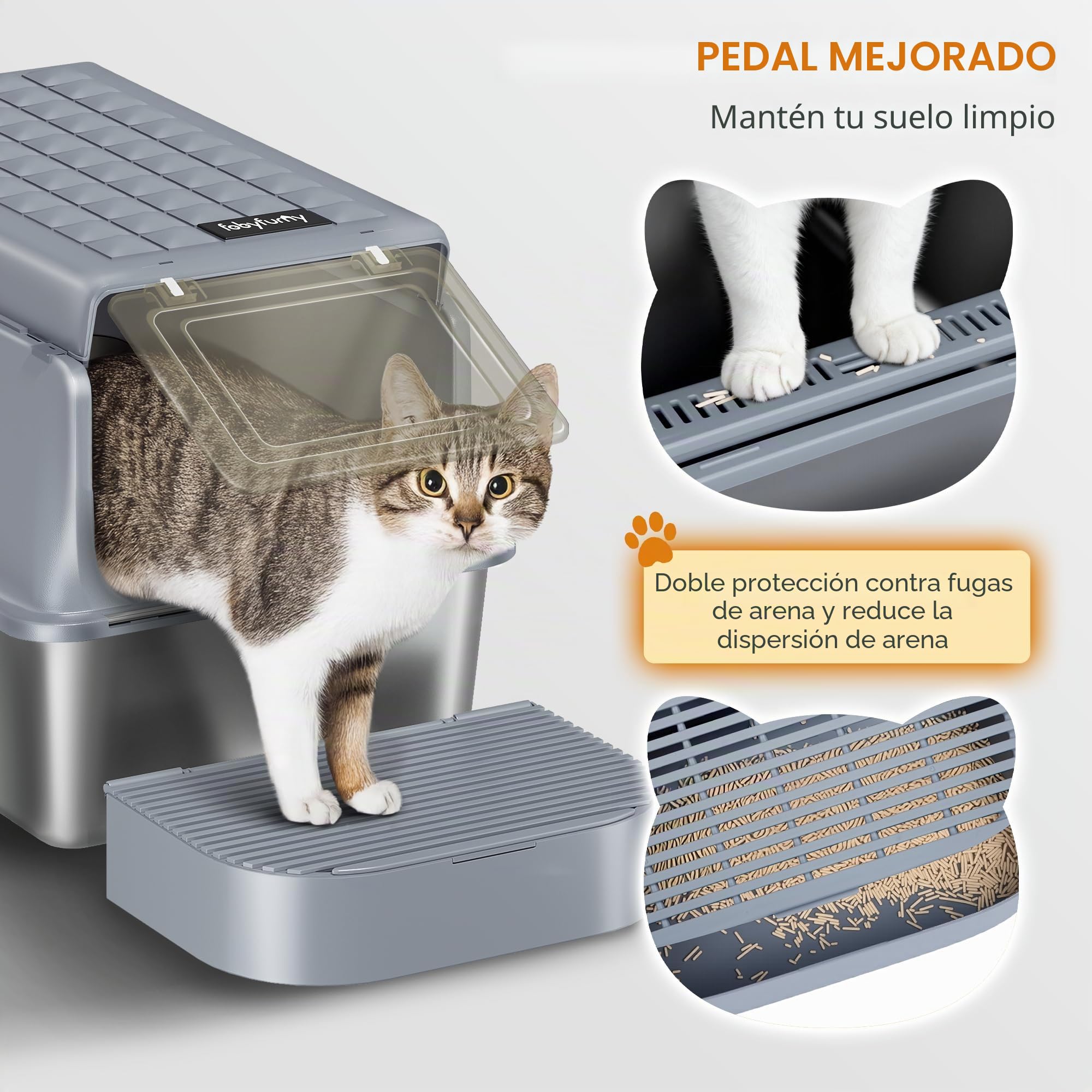 Arenero Acero Inoxidable Gatos con Tapa Paquete de 2, Gris Oscuro | Caja Sanitaria Cerrada XXL, con Pala para Arena y Escalón, Diseño de Tapa Abatible de 120°, Fácil de Limpiar FPLB002SG2