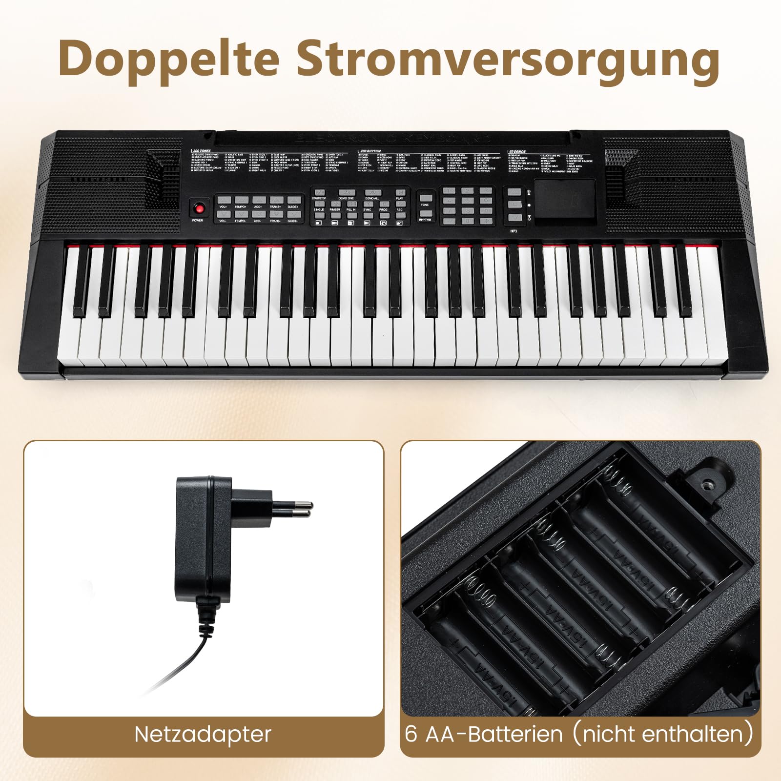 COSTWAY Keyboard Piano 54 Tasten, Digitalpiano mit 200 Rhythmen, 200 Klangfarben & 60 Demos, Klavier mit Lautsprecher, Tragbares E Piano für Anfänger