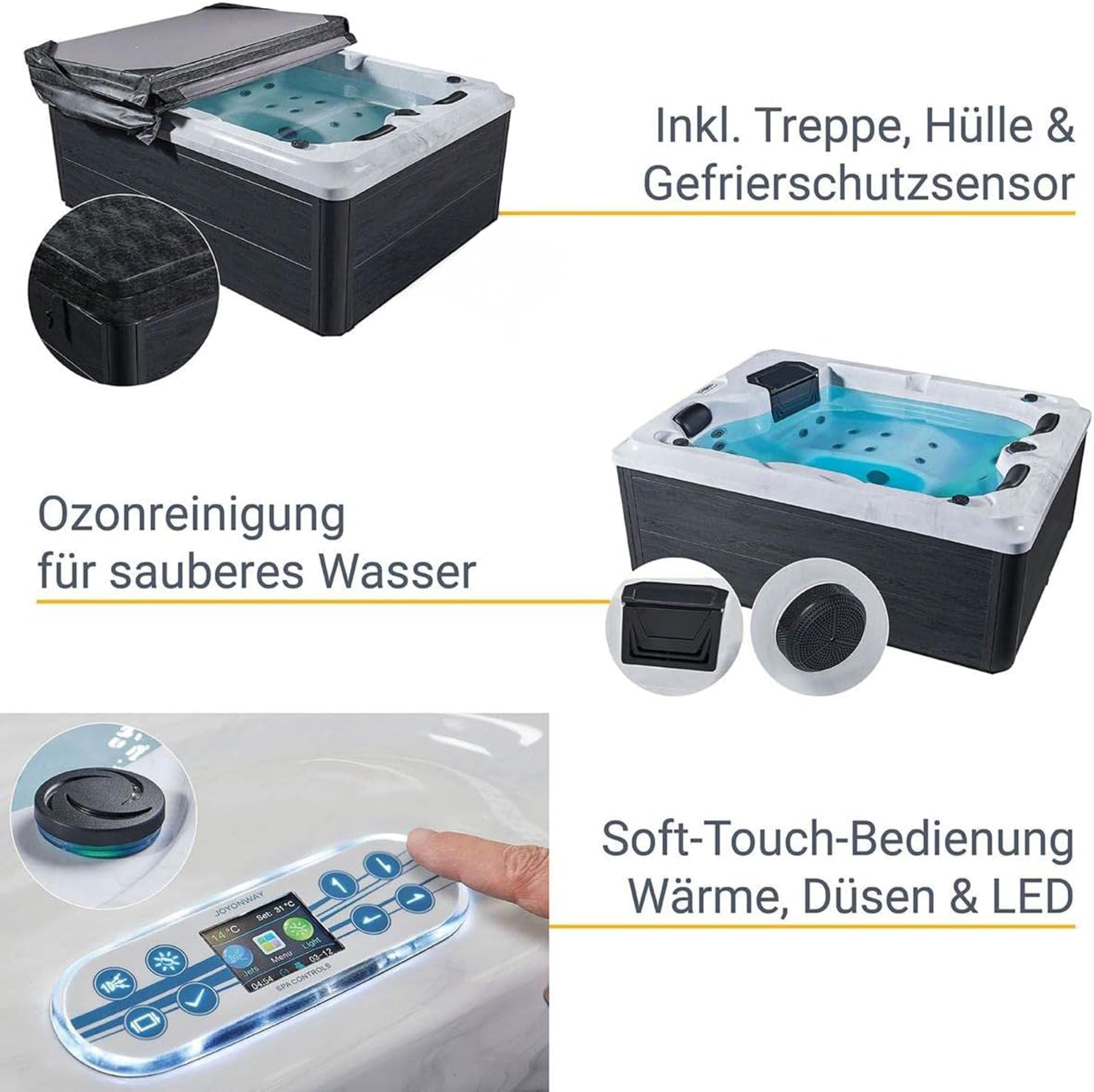 Luxus Outdoor Whirlpool Berlin (Weiß) – 210x160 cm – mit 31 Massagedüsen, Heizung, Ozon, LED – Hot Tub für 2–3 Personen – Winterfest – Garten & Terrasse