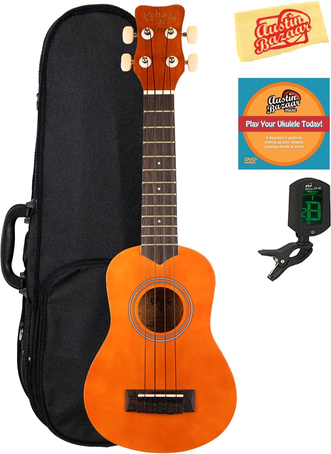 Lanikai Kohala Soprano Ukulele Bundle with Hard Case, Tuner, Song Book, Austin Bazaar Instructional DVD, and Polishing Cloth