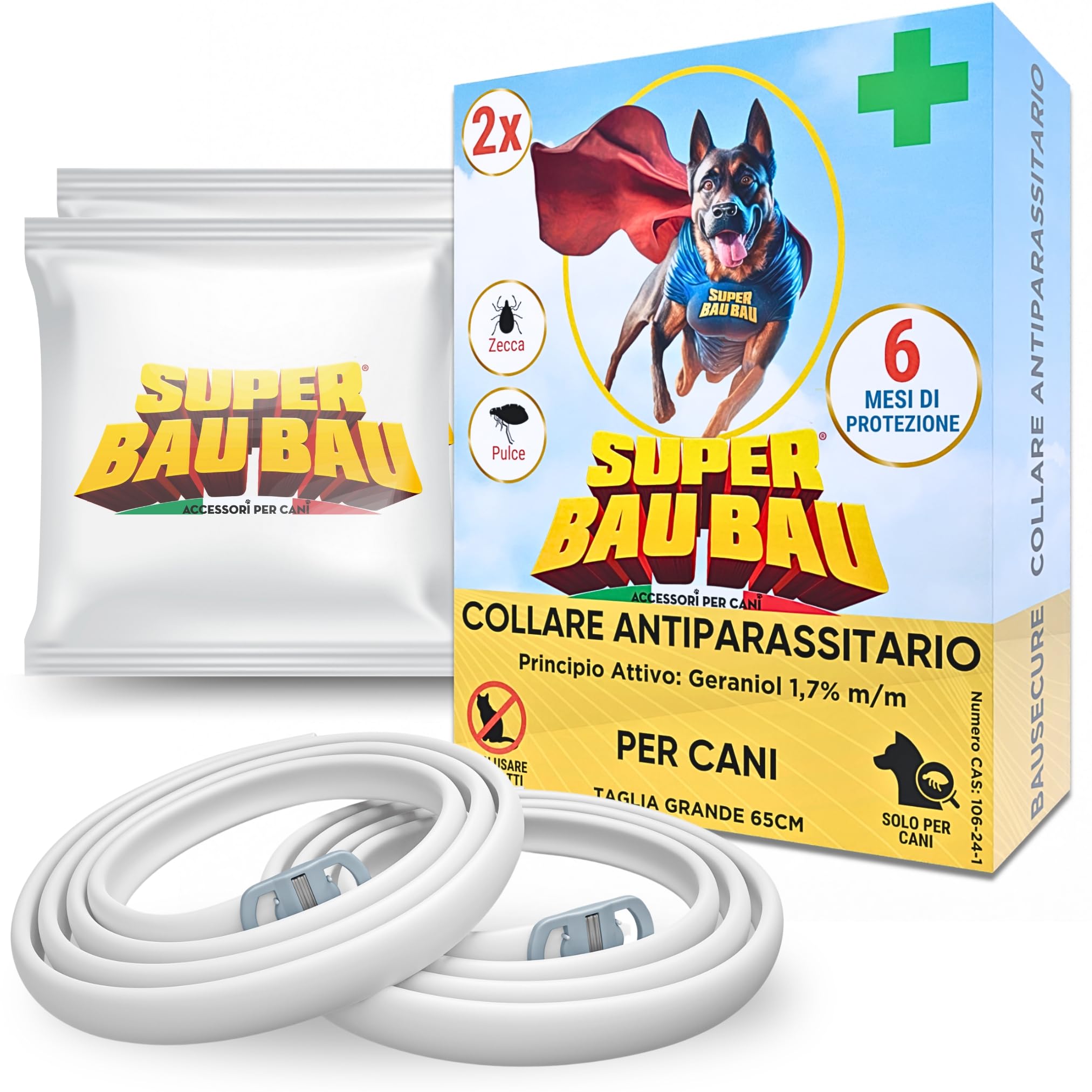 Collare Antiparassitario per Cani - Confezione da 2, Antipulci, Antizecche, Anti Zanzare, Impermeabile, Efficace per 12 Mesi, 65cm per Cani oltre 8kg