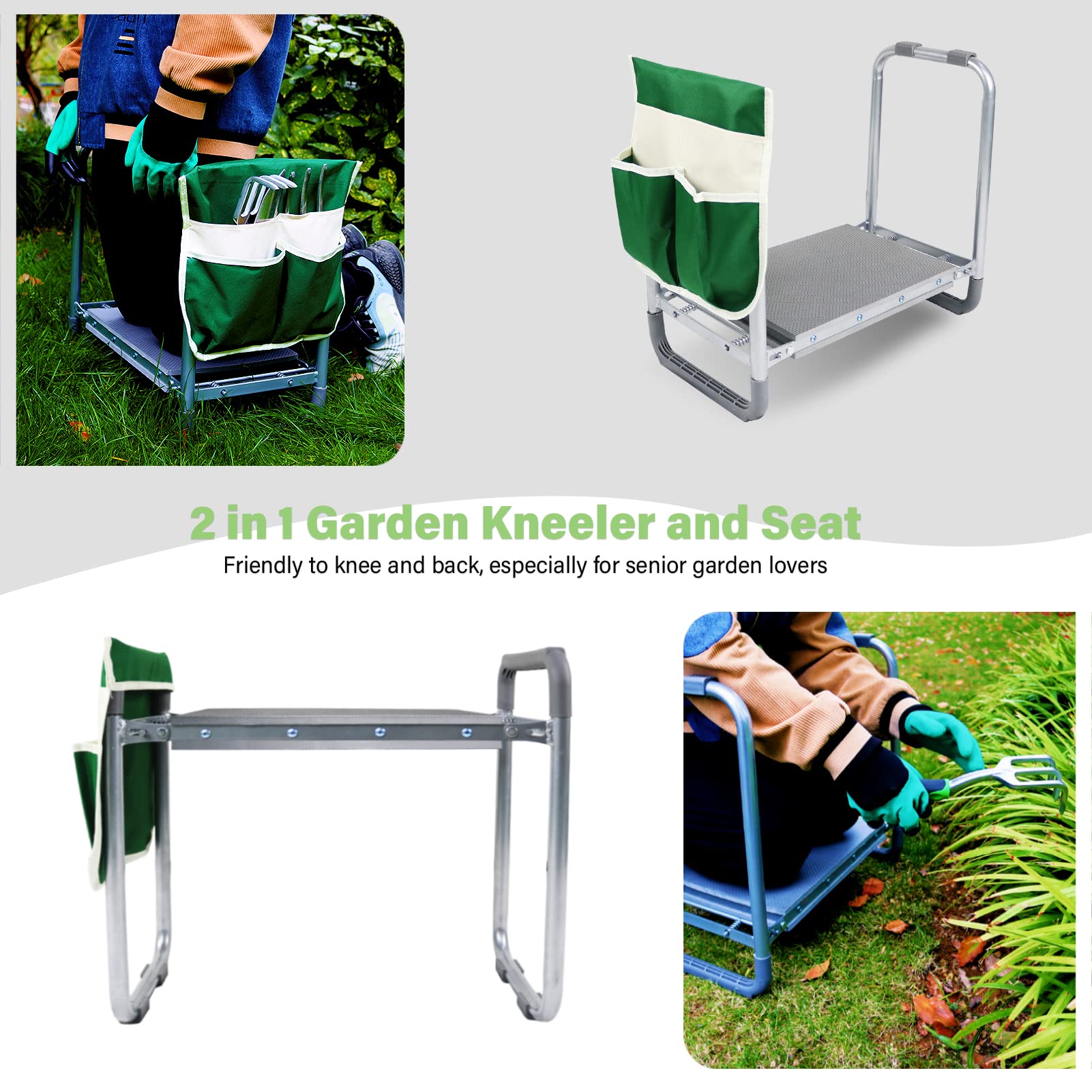 BESTHLS Inginocchiatoio da giardino e seduta, sgabello da giardino pieghevole, resistente, panca da giardinaggio per inginocchiarsi per prevenire dolori a ginocchia e schiena, guanti con borsa per