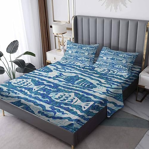 NIYAKA Sábanas de pescado tamaño King Juego de sábanas a rayas decoración del dormitorio Sábanas y fundas de almohada azules Suave bolsillo