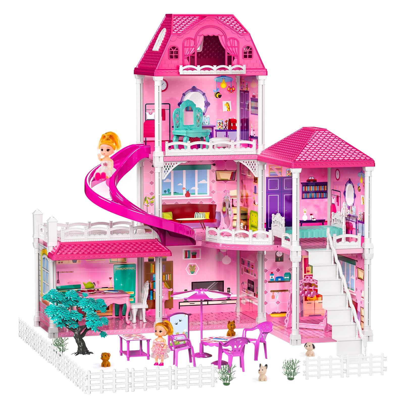 TEMI Villa Toys for 3 4 5 6 7 8 Years Old Girls - 3 Storeys 6 Rooms, Indoor Playset with 2 Dolls Toy Figures, Toys Furniture and Accessories, Pretend Girls Plays, Building Toys, Gifts Toy