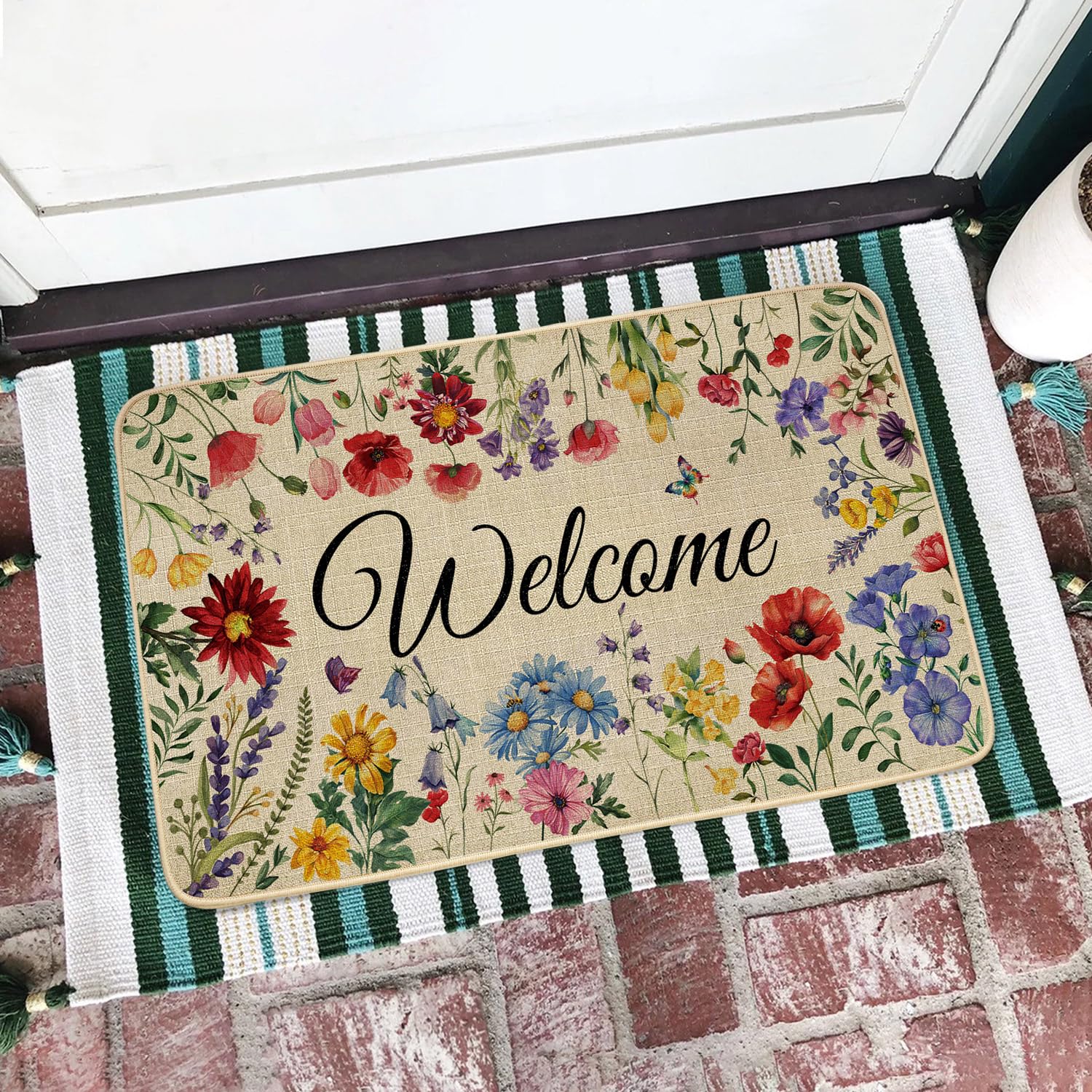 SHUNLCD Spring Door Mat Welcome Decor Doormat, Summer Flower Plant Decorative Indoor Outdoor Non-Slip Mat for Home Entrance, Outside Entry, Floor, Patio 17x30 Inches