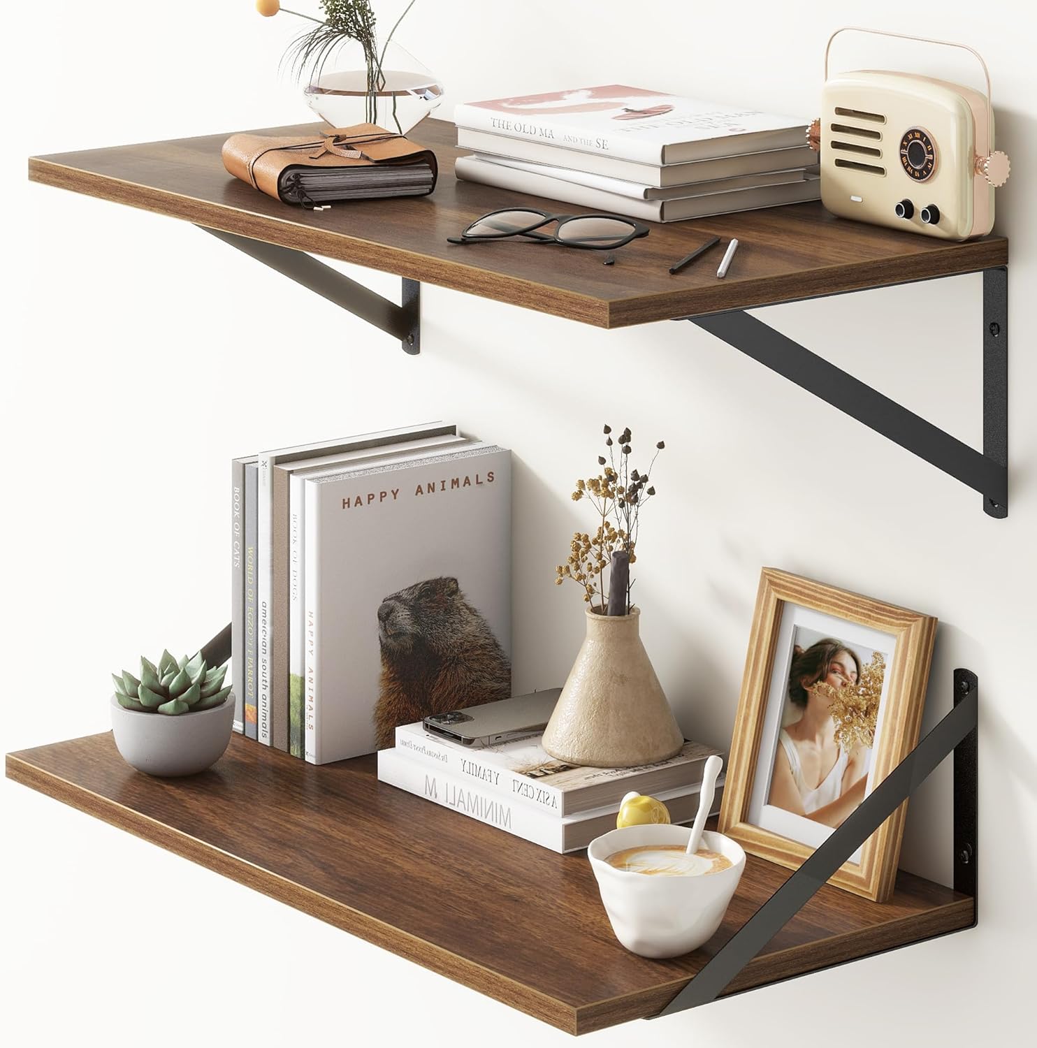 Deep Floating Shelves, 12 Inch Deep Floating Shelves for Wall, 24"W x 12"D Wall Shelves for Books, Large Rustic Wooden Shelf, Wide Display Shelf for Bathroom, Living Room, Walnut Color, Set of 2 Walnut 24"W x 12"D