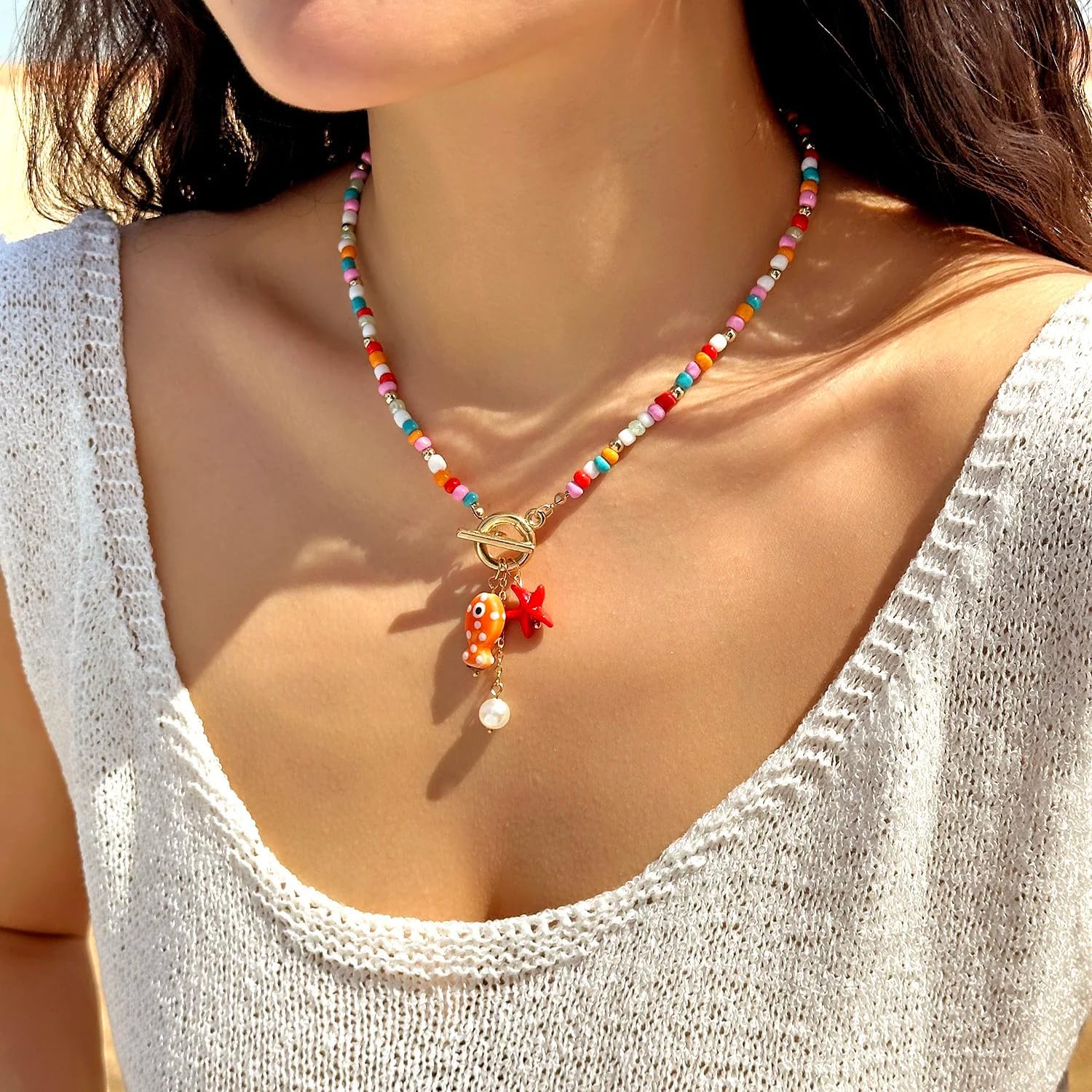 Starfish Fish Toggle Necklace Boho Colorful Pearl Beaded Necklace Summer Coastal Beachy Beach Hawaiian Choker for Women Men - Image 6