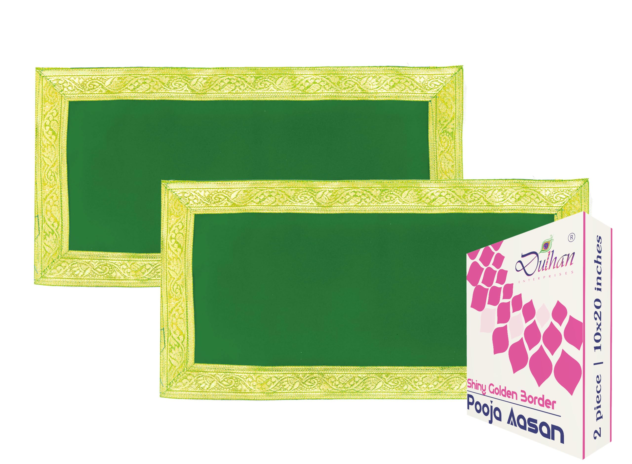 Dulhan 2 pc 10 x 20 inch Long Green Velvet Pooja Cloth Aasan for Mandir, Temple Plain Altar Cloth with Golden Border Chowki aasan Kapda for god Idol Size (10"x20" in) Pack of 2 puja Decoration mat-picture-23