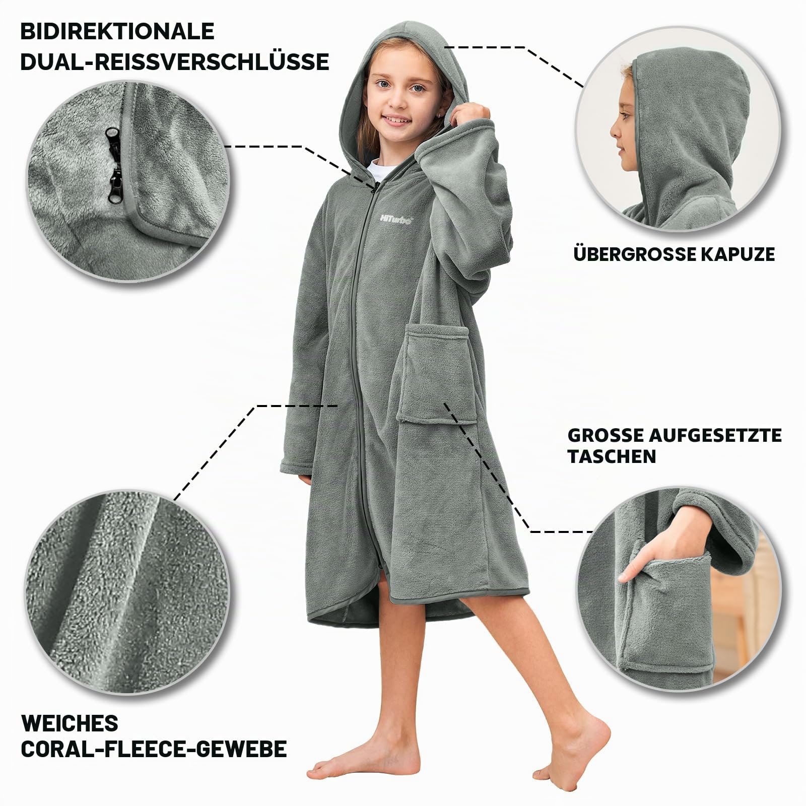 Hiturbo Kinder-Badetuch mit Kapuze, weicher Plüsch, Reißverschluss, Surf-Poncho, warme Fleece-Wickelhandtücher, Schwimmoberbekleidung