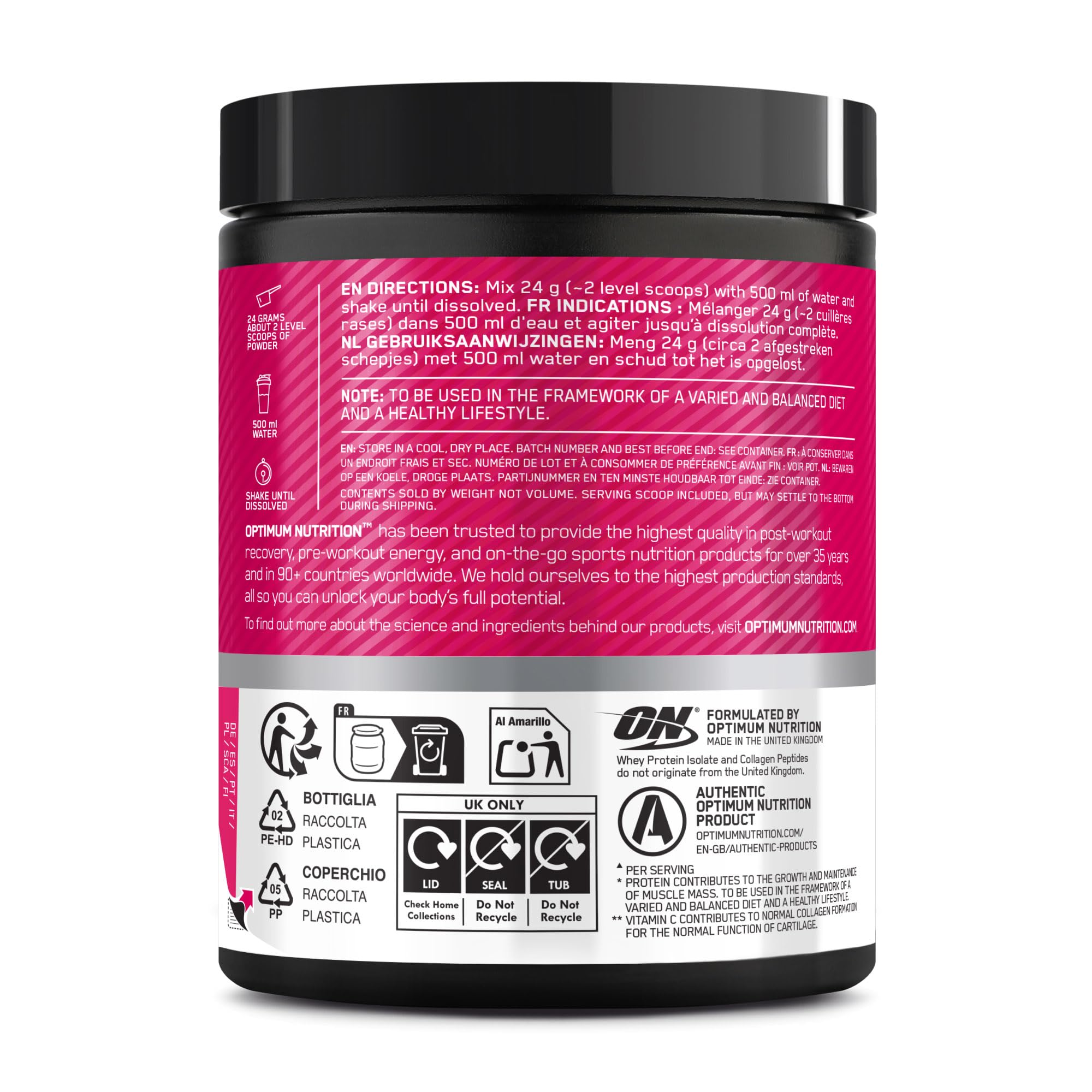 Optimum Nutrition Clear Whey + Collagène, Pomme & Framboise, 10 g Whey Isolate et 10 g Peptides de Collagène par Portion, Boisson Protéinée Claire pour les Articulations, 240 g, 10 Portions*