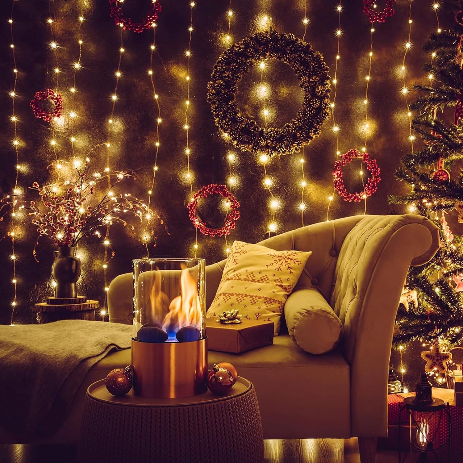 Hiboom 195 LED Curtain String Lights, 6.5 x 5 ft Tapestry Fairy Lights | Battery Operated USB Powered Copper Light with 8 Modes, Curtain Fairy Lights for Christmas Wedding Indoor Outdoor Decor