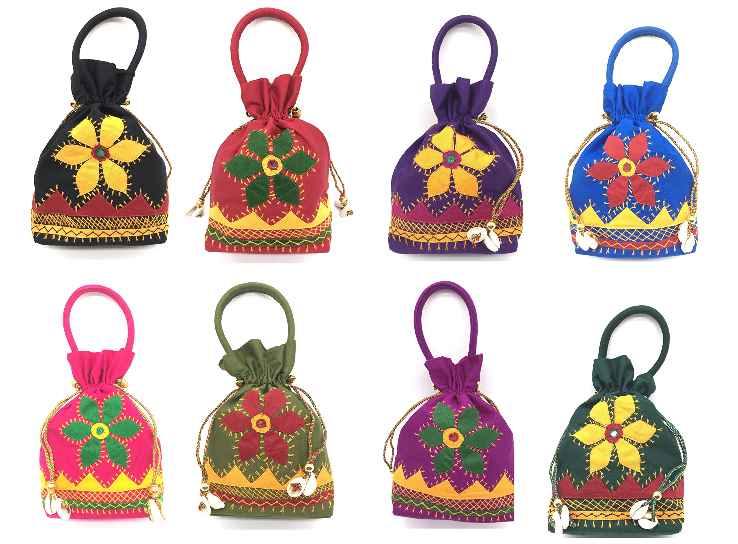 srishopify handicraftsSriShopify Handcrafted Handmade Cotton Apliq Work Multi Color Embroidered Potli Jewellery Natural Kaudi Shells Gift Bag for Wedding Birthday | Baby Shower | Mundan Festival Combo Pack Of