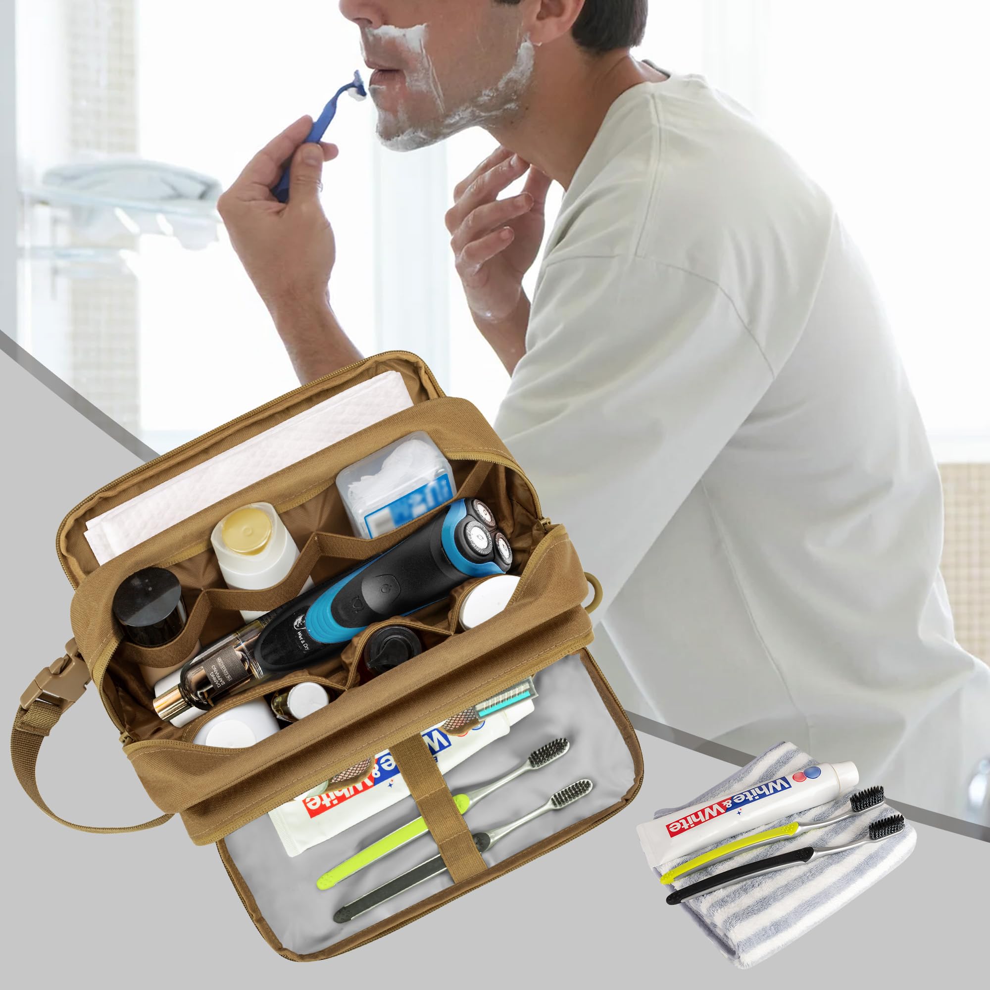 Borsa tattica da viaggio da uomo, kit Dopp per rasatura, organizer per articoli da toeletta, doccia e accessori per la cura della toelettatura (solo borsa vuota, design brevettato), Cachi