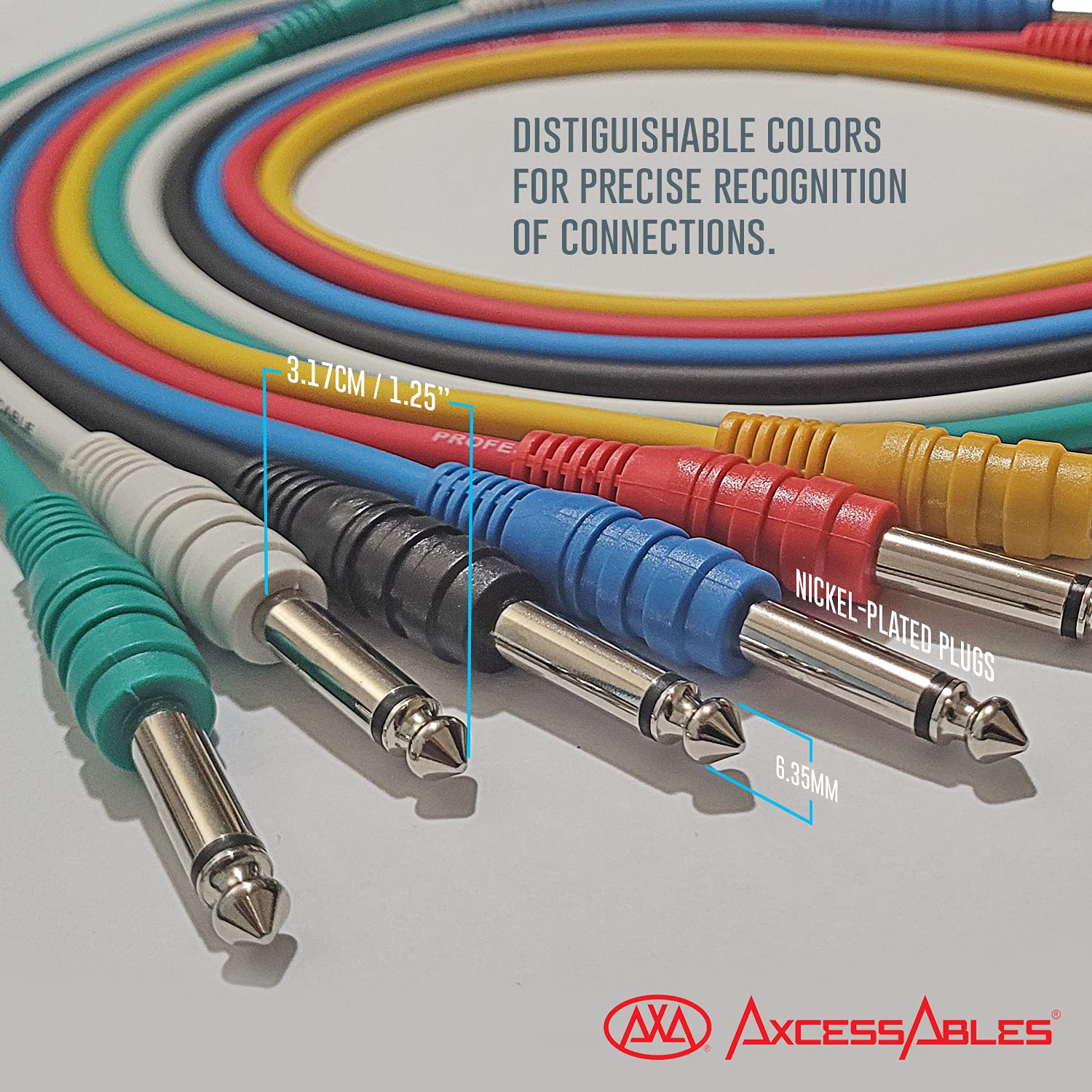 AxcessAbles 1/4 (6,35 mm) TS auf 1/4 (6,35 mm) TS Unsymmetrisches Mono-Patchkabel, mehrfarbig, 6 Stück (0,9 m) Außenbordausrüstung und Patchbay Studiokabel, externe Effekte, digitale analoge Effekte