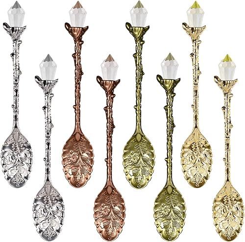 YAIKOAI Cucharas de café talladas vintage de aleación de zinc con cabeza de cristal, cucharadas de postre para cafés, hogar, oficina, bar, etc.