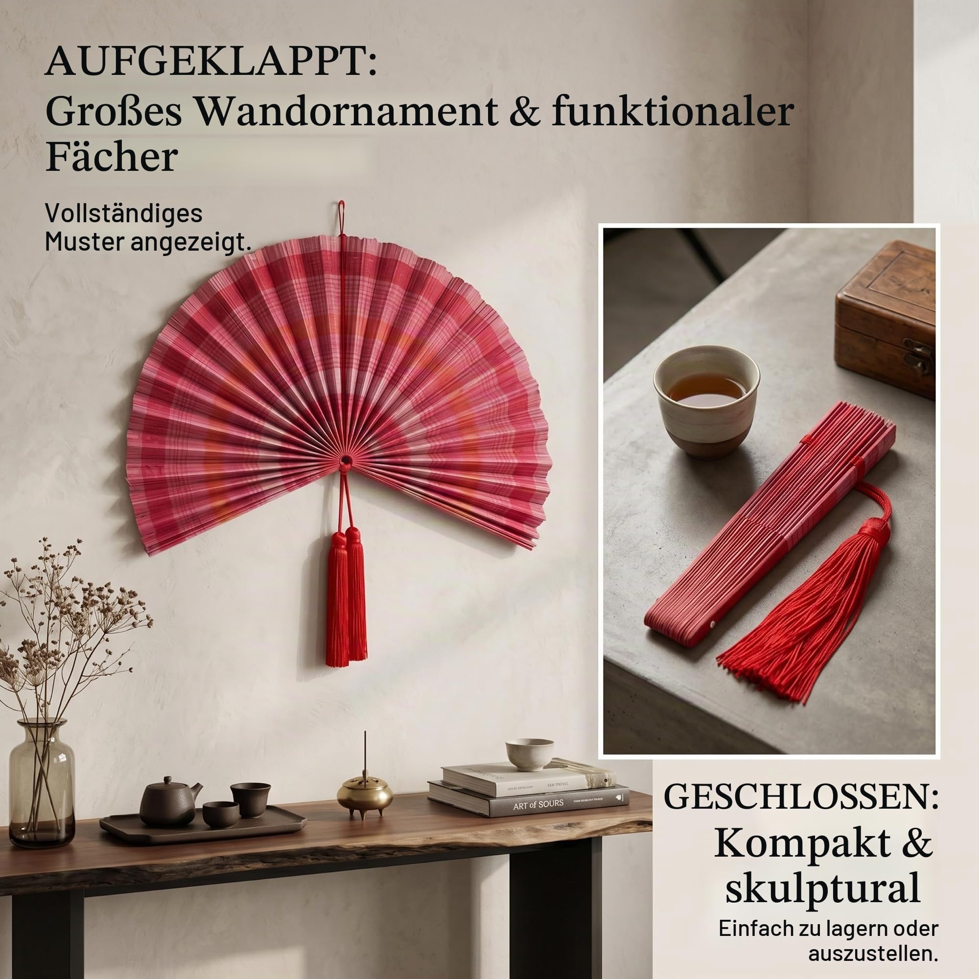 Fächer-Wanddeko 76 x 56 cm große Faltbare Dekofächer mit Quaste für Zuhause Büro und Hotel roter Dekor
