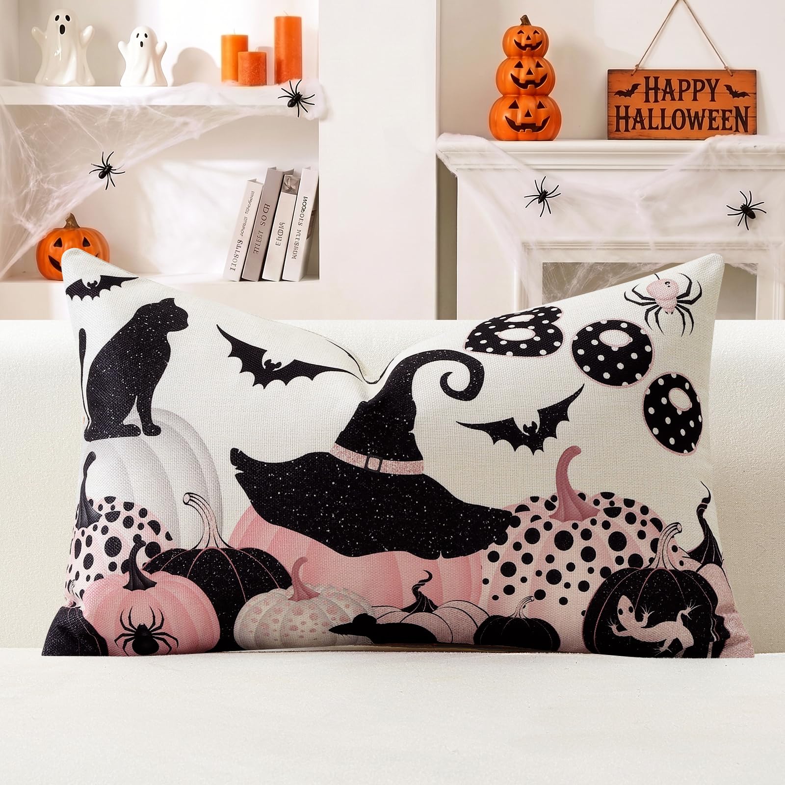 Artscope Halloween Lumbar Cushion Cover 40x60cm, Set of 1 Pink Black Pumpkin Black Cat Bat Spider Lizard Pillowcase Autumn Halloween Pillow Cover for Sofa Living Room Holiday Party Fall Decor